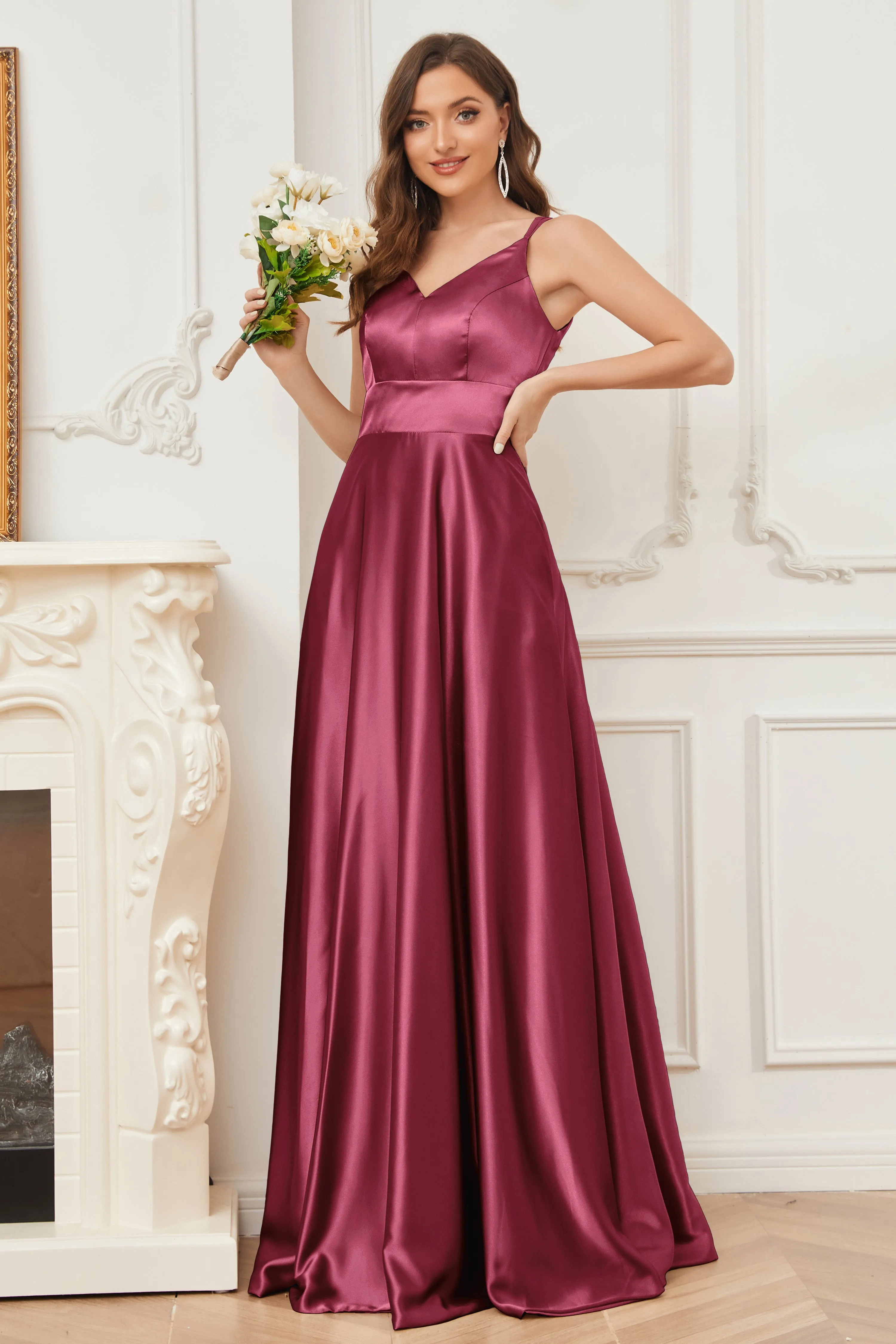 Spaghetti Straps V-neck Soft Satin Bridesmaid Dress