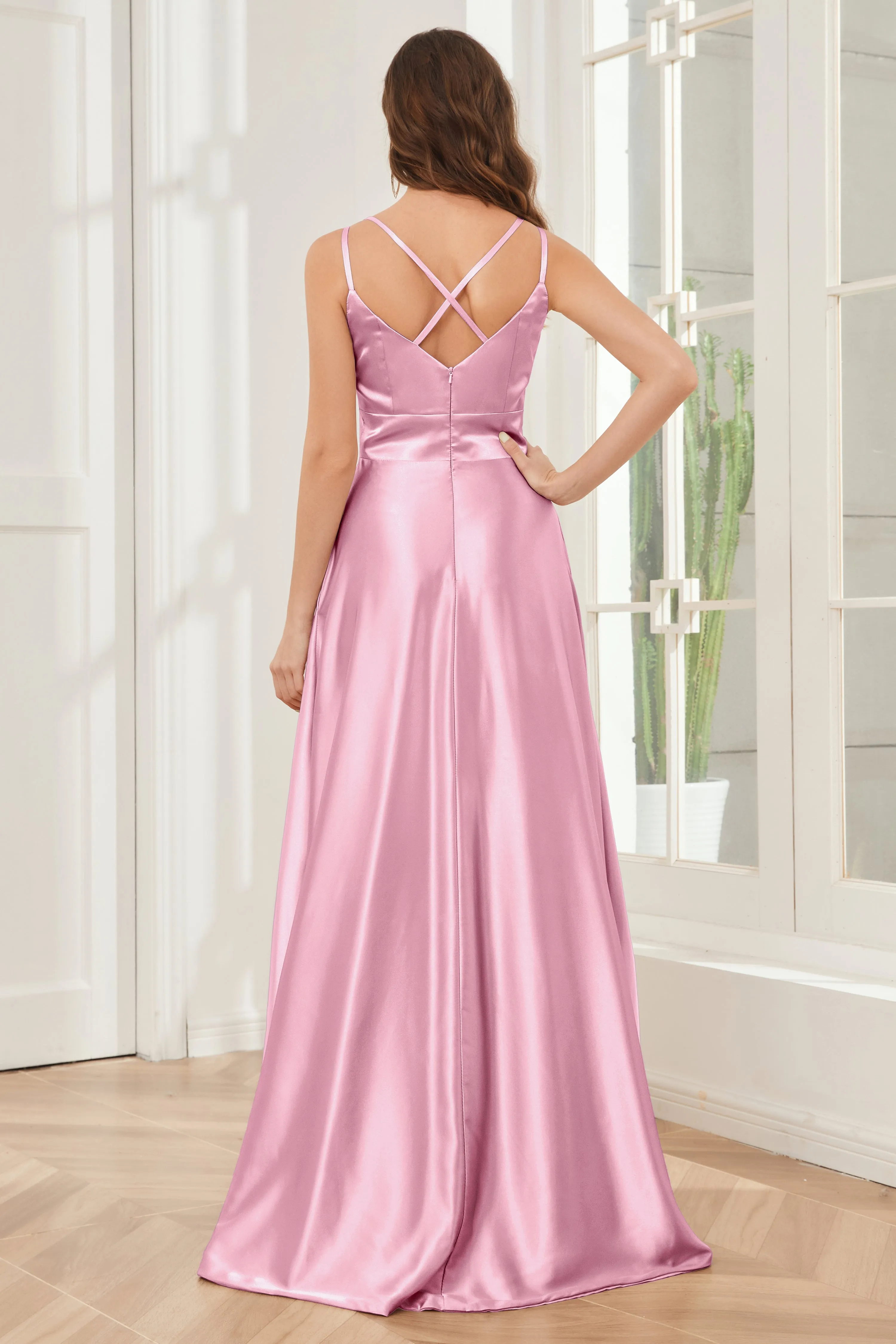 Spaghetti Straps V-neck Soft Satin Bridesmaid Dress