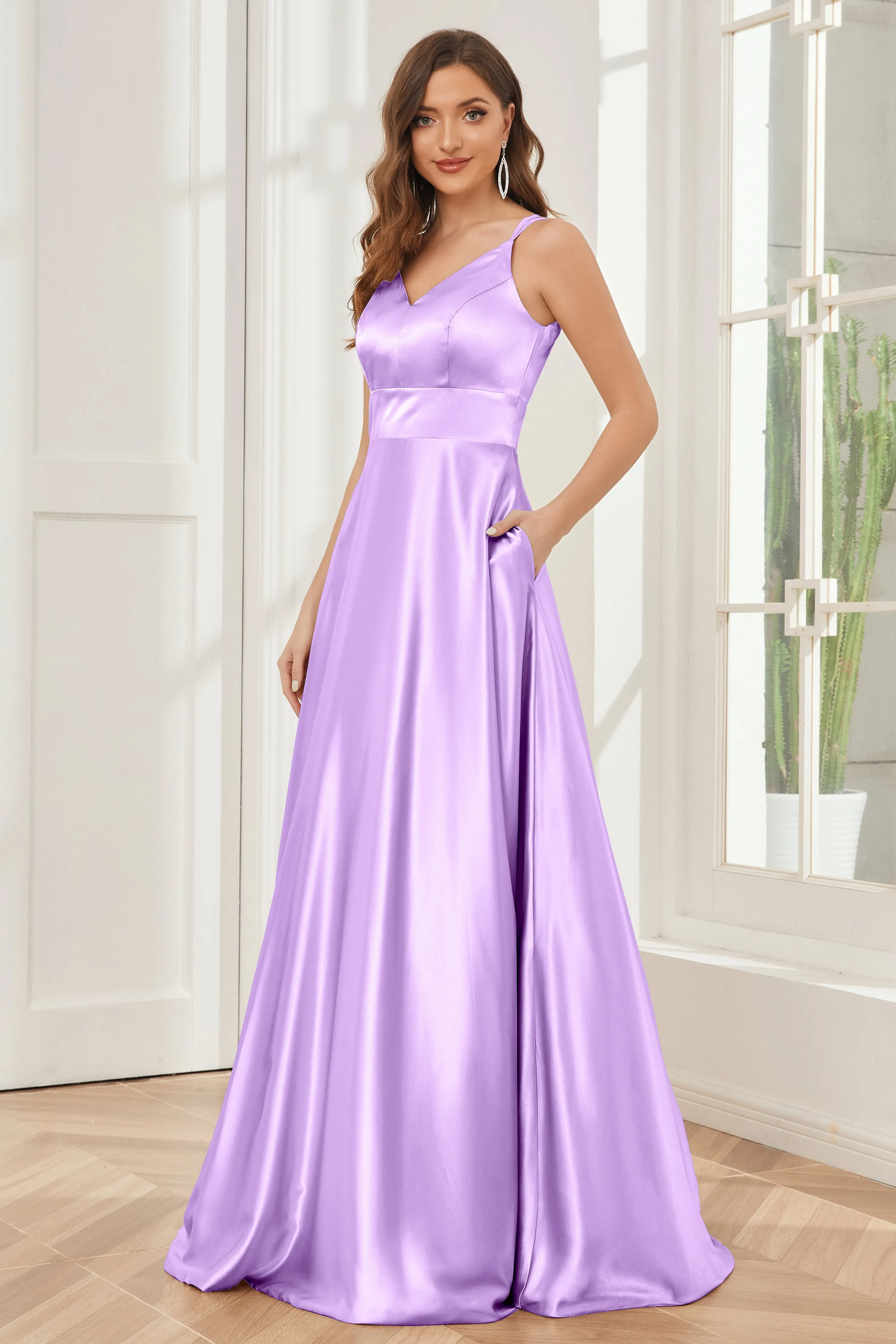 Spaghetti Straps V-neck Soft Satin Bridesmaid Dress