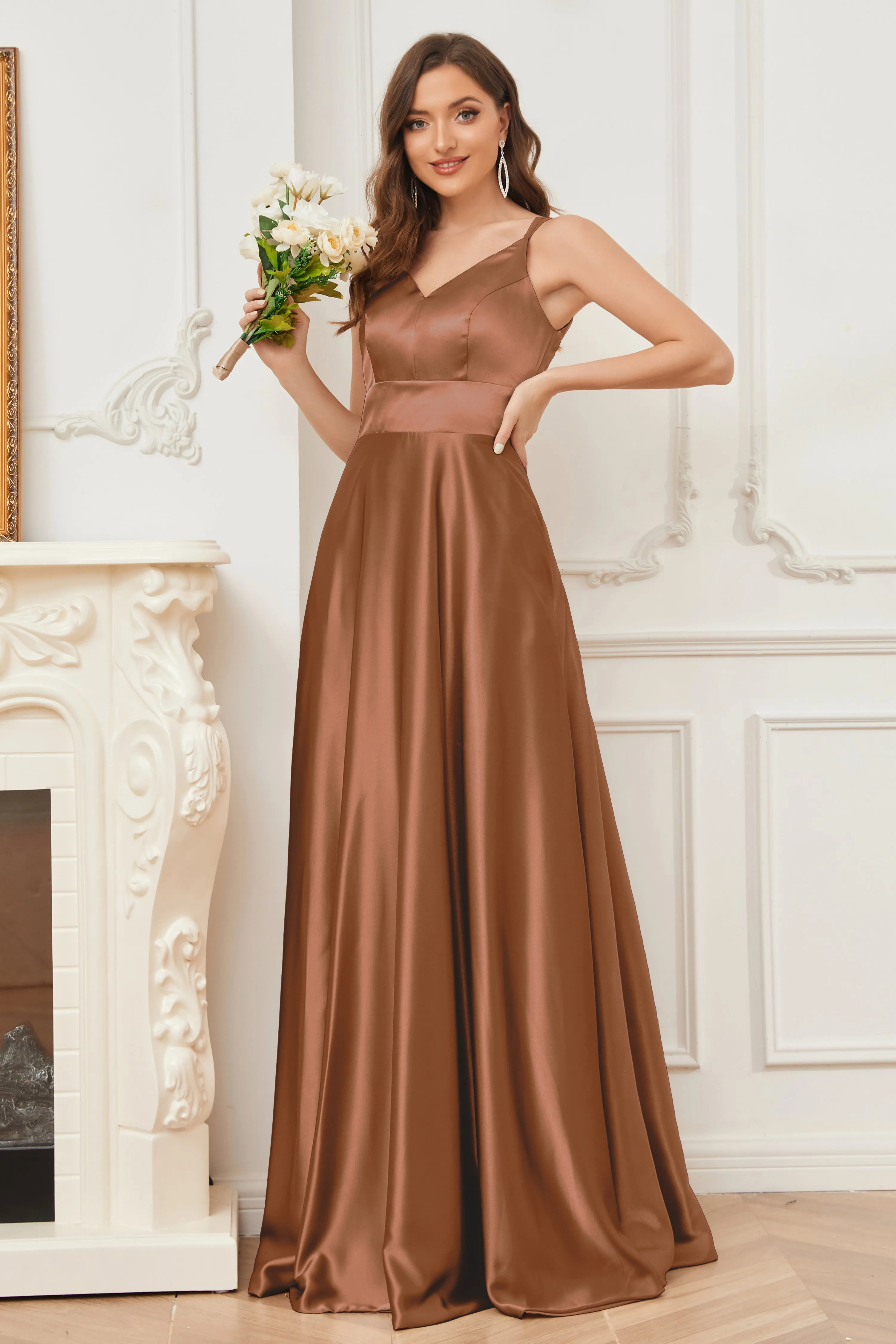 Spaghetti Straps V-neck Soft Satin Bridesmaid Dress