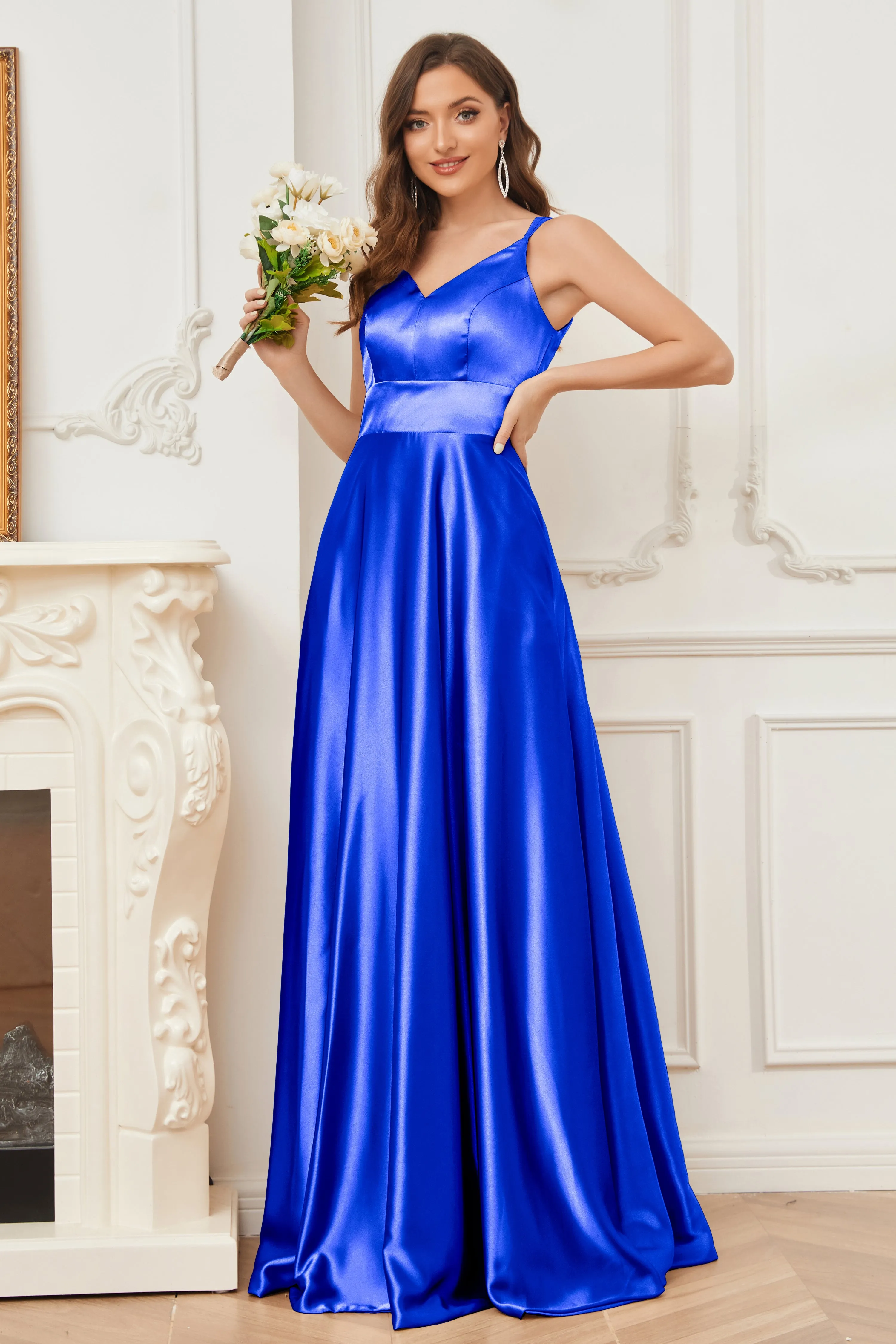 Spaghetti Straps V-neck Soft Satin Bridesmaid Dress