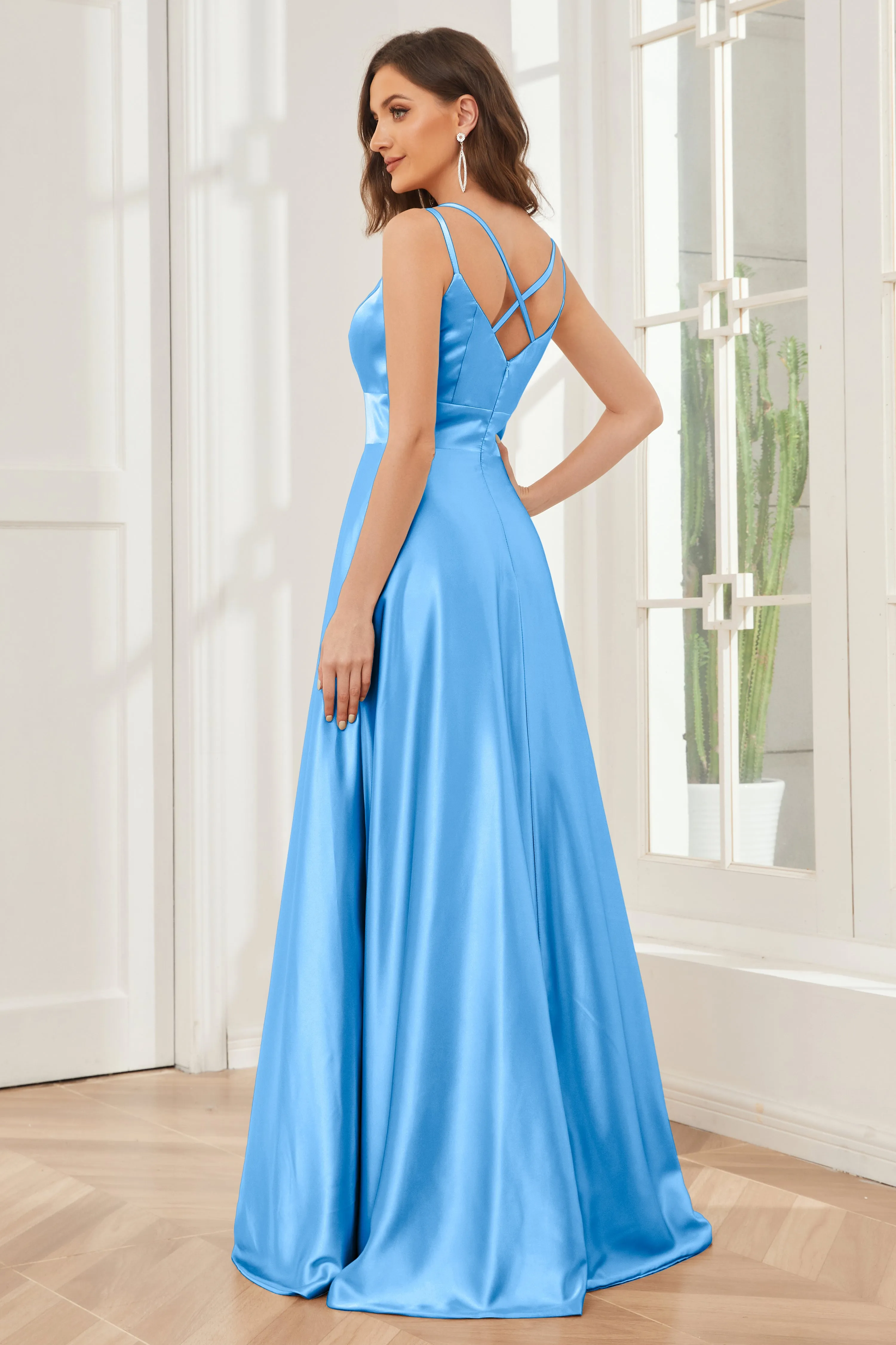 Spaghetti Straps V-neck Soft Satin Bridesmaid Dress