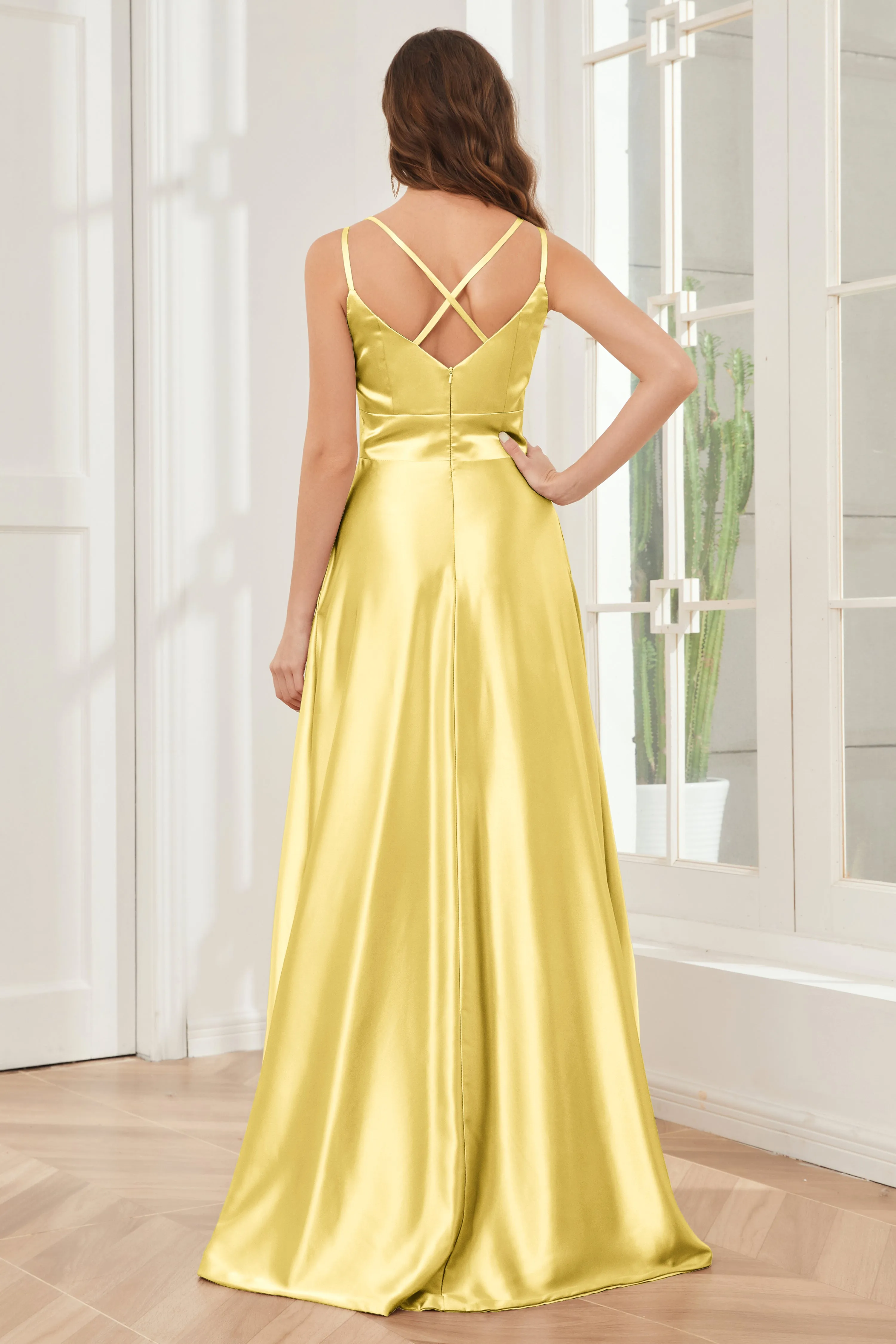 Spaghetti Straps V-neck Soft Satin Bridesmaid Dress
