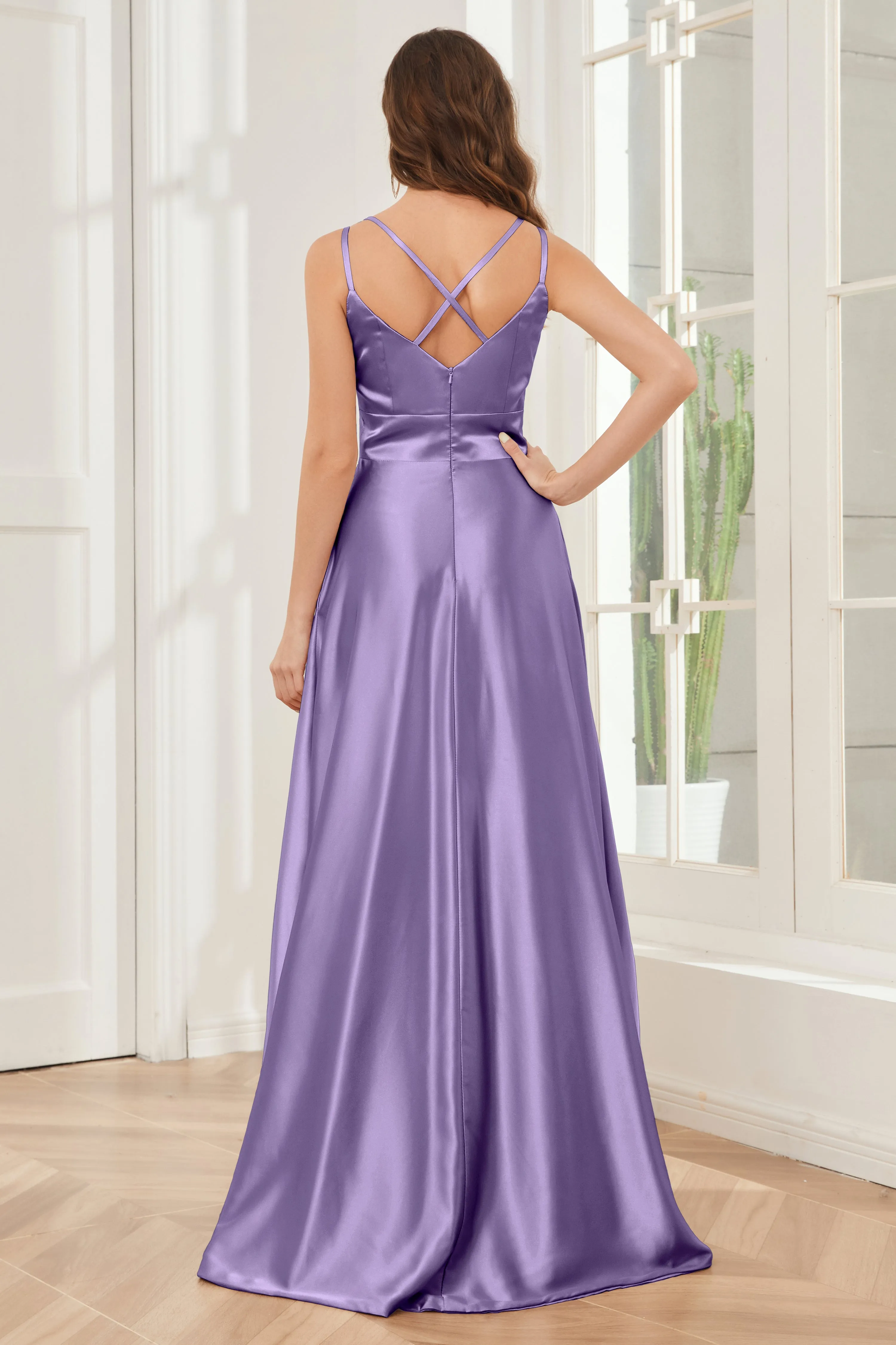 Spaghetti Straps V-neck Soft Satin Bridesmaid Dress