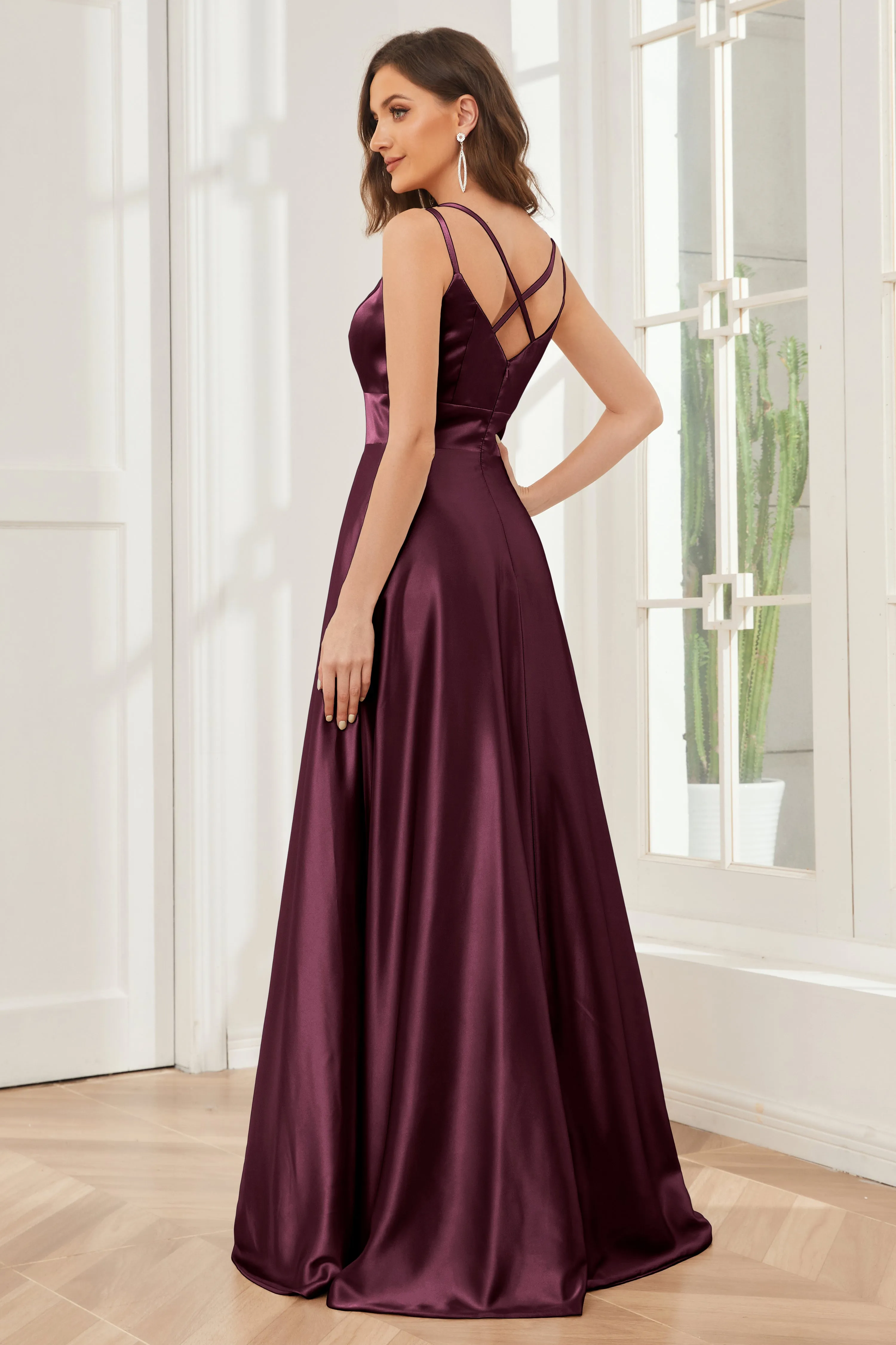 Spaghetti Straps V-neck Soft Satin Bridesmaid Dress