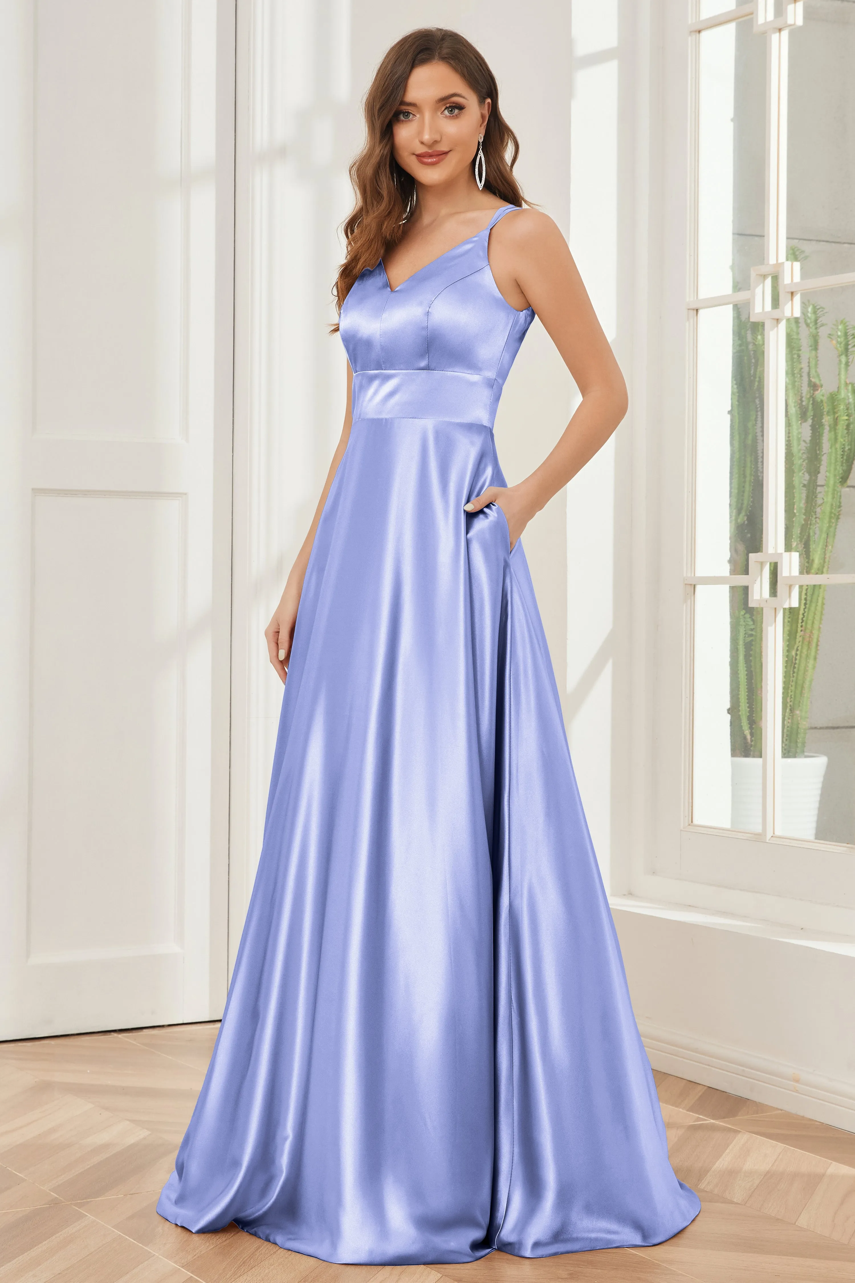 Spaghetti Straps V-neck Soft Satin Bridesmaid Dress