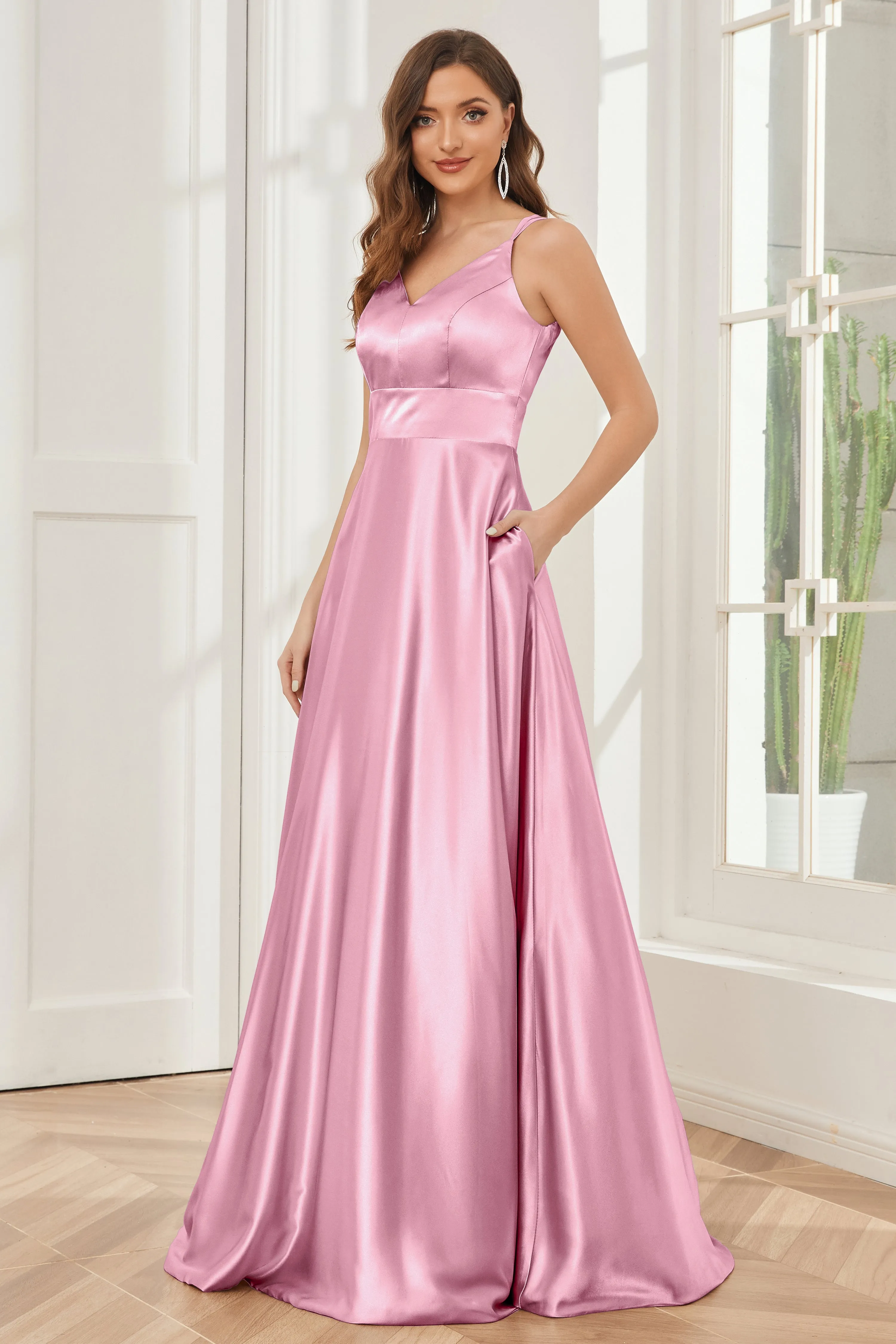 Spaghetti Straps V-neck Soft Satin Bridesmaid Dress