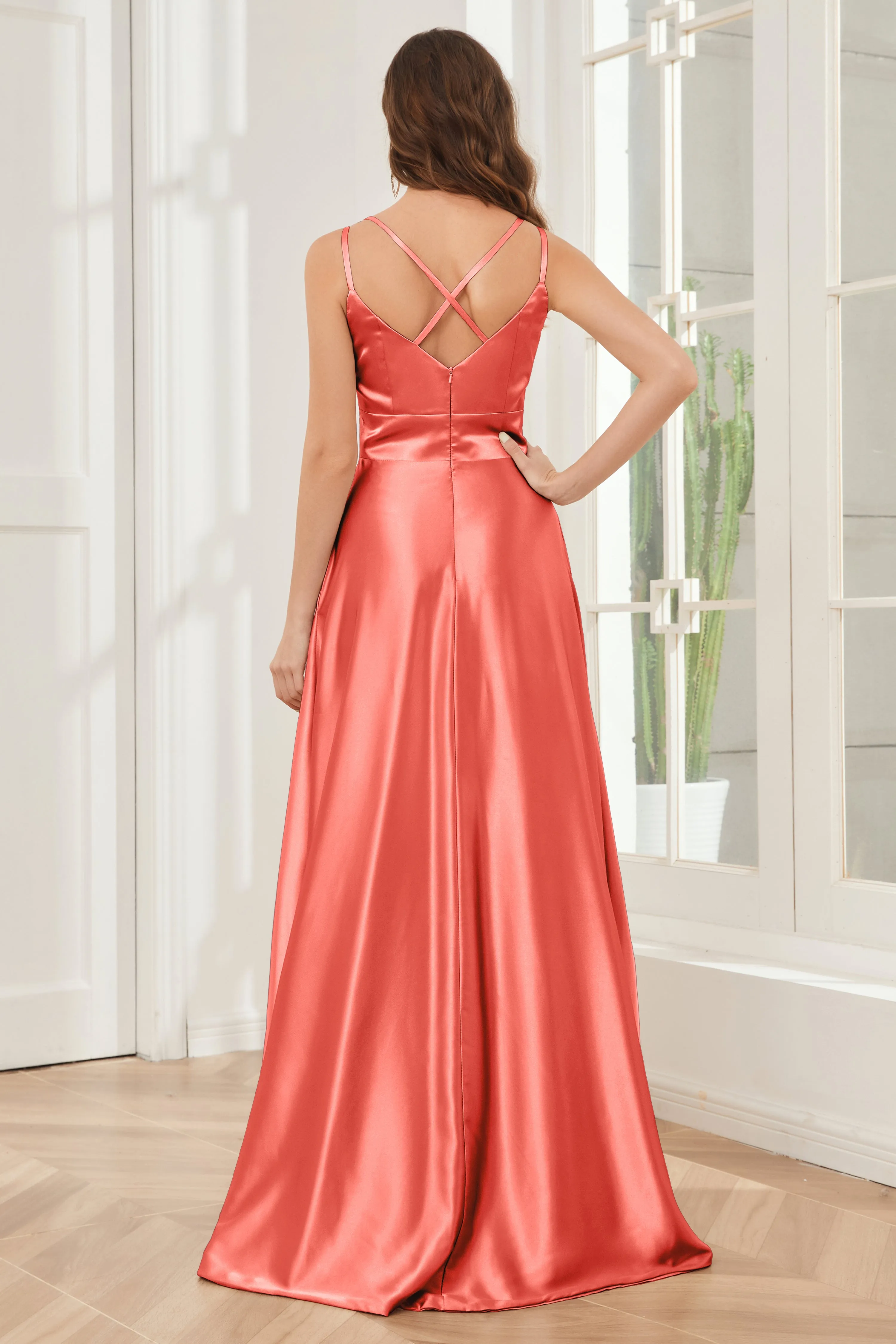 Spaghetti Straps V-neck Soft Satin Bridesmaid Dress