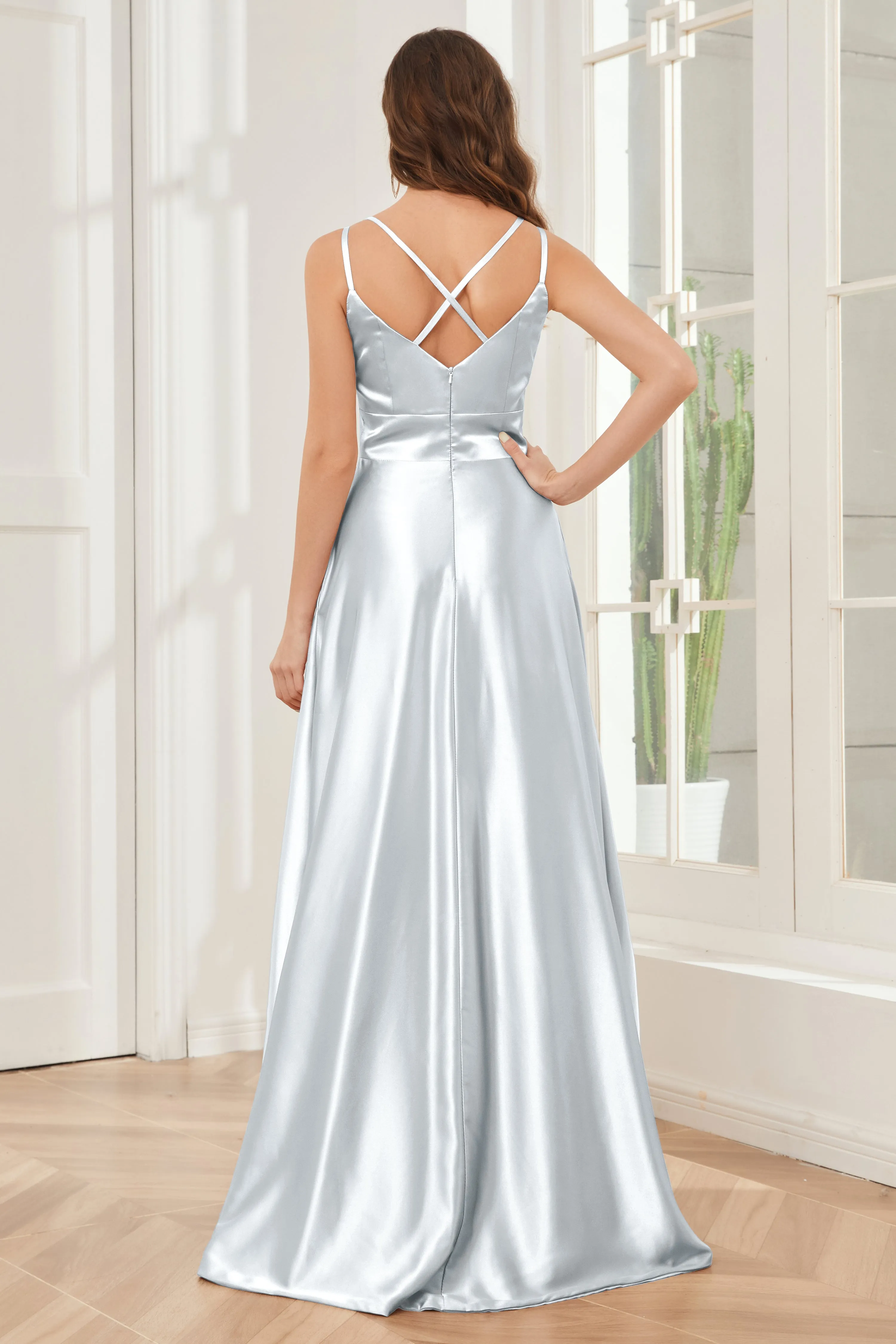 Spaghetti Straps V-neck Soft Satin Bridesmaid Dress
