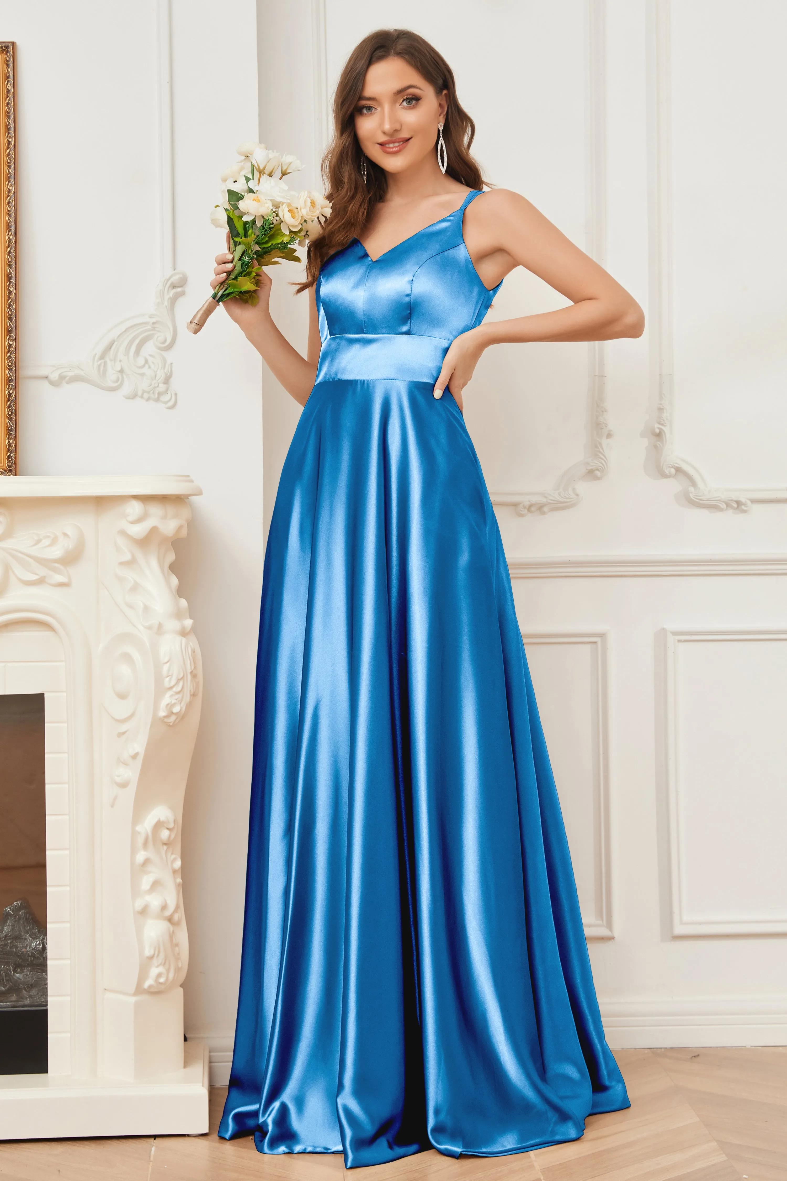 Spaghetti Straps V-neck Soft Satin Bridesmaid Dress