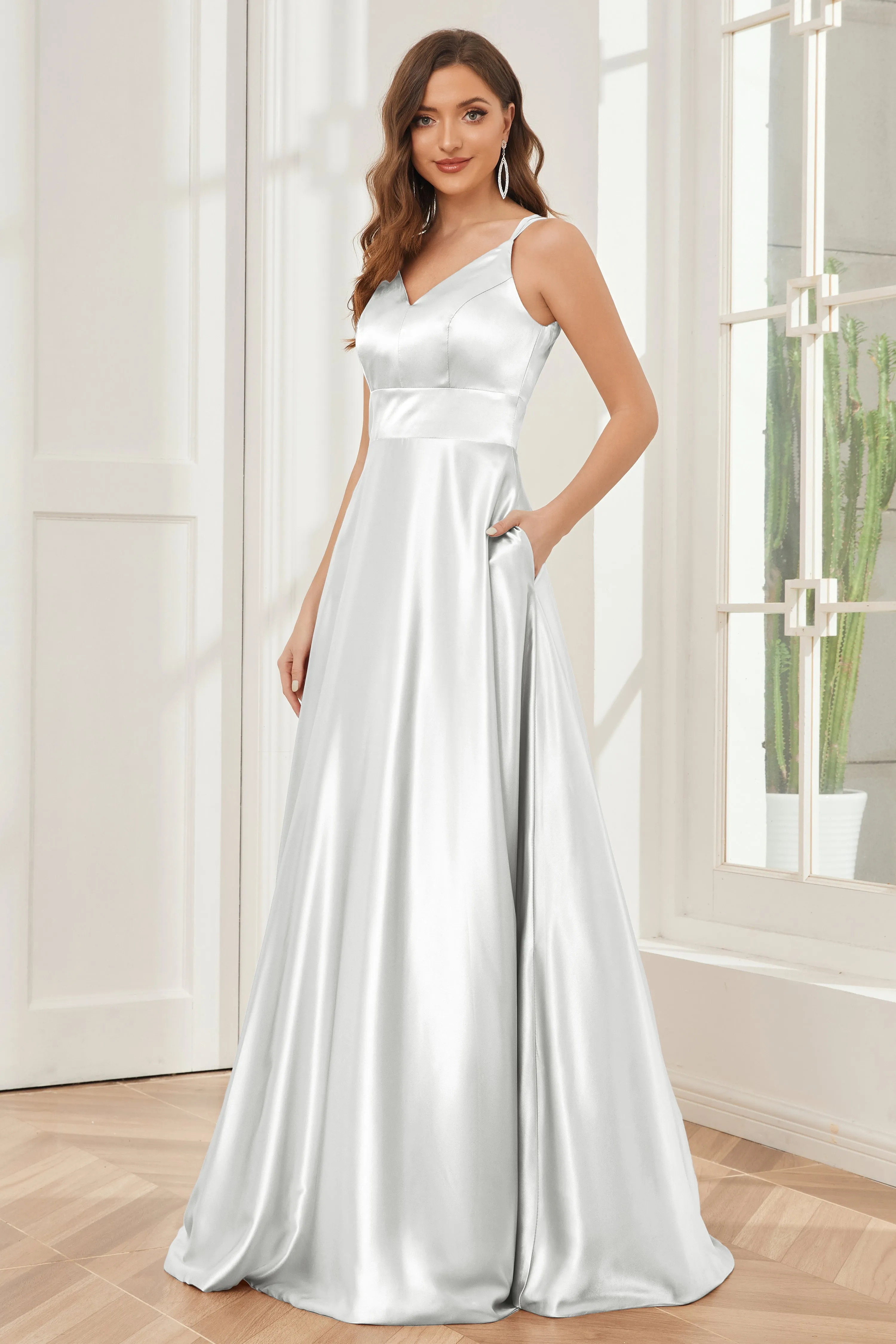 Spaghetti Straps V-neck Soft Satin Bridesmaid Dress
