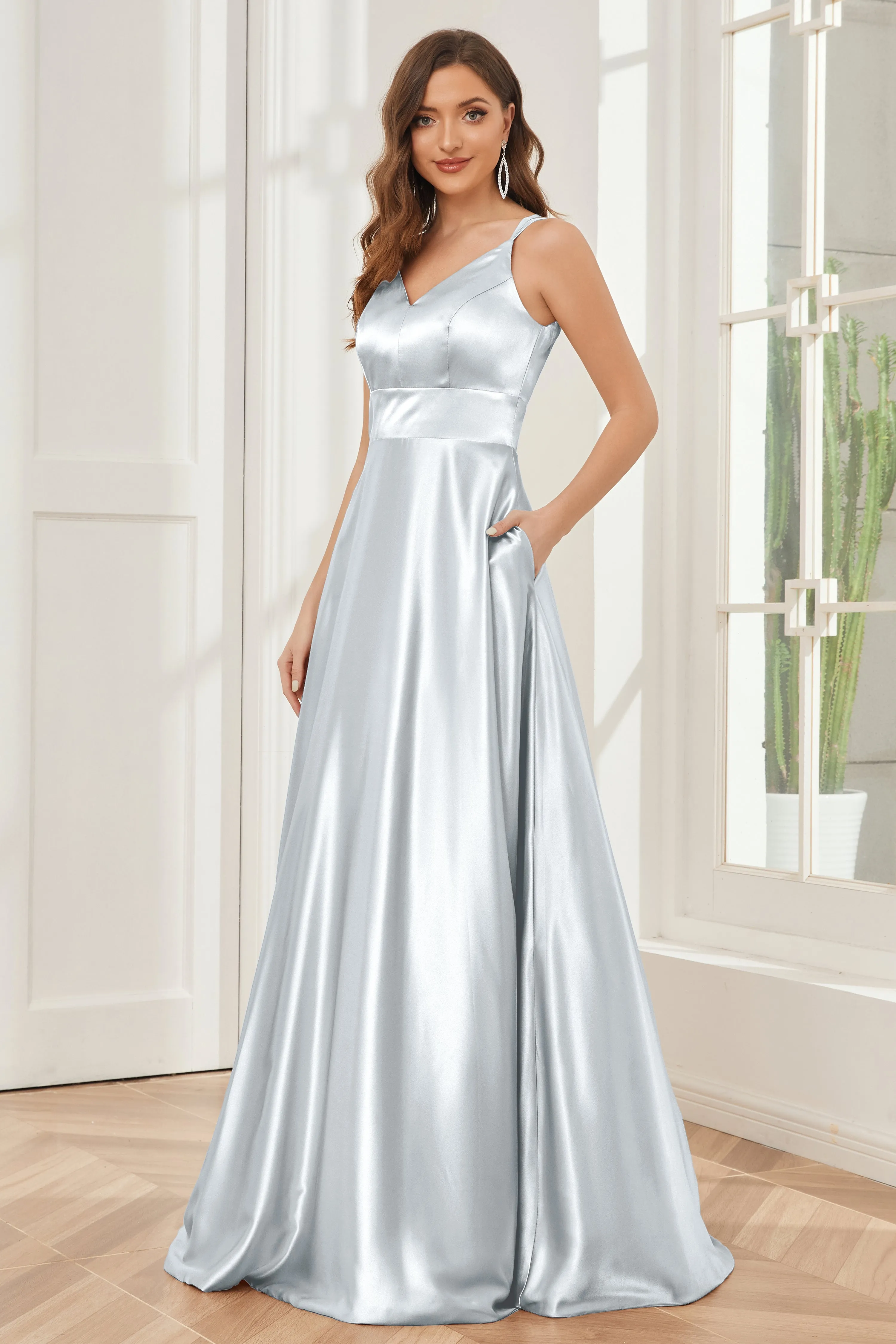 Spaghetti Straps V-neck Soft Satin Bridesmaid Dress