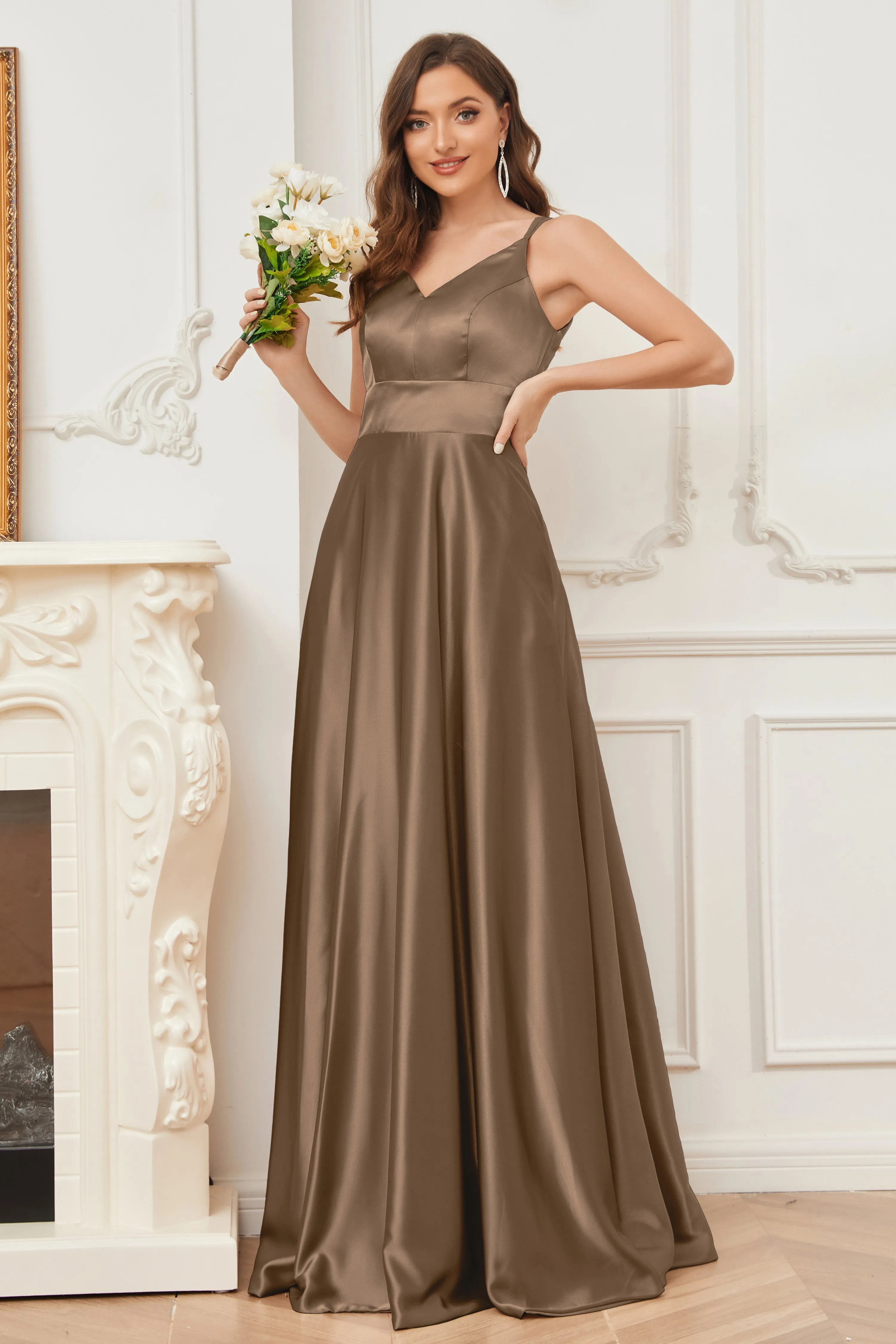 Spaghetti Straps V-neck Soft Satin Bridesmaid Dress