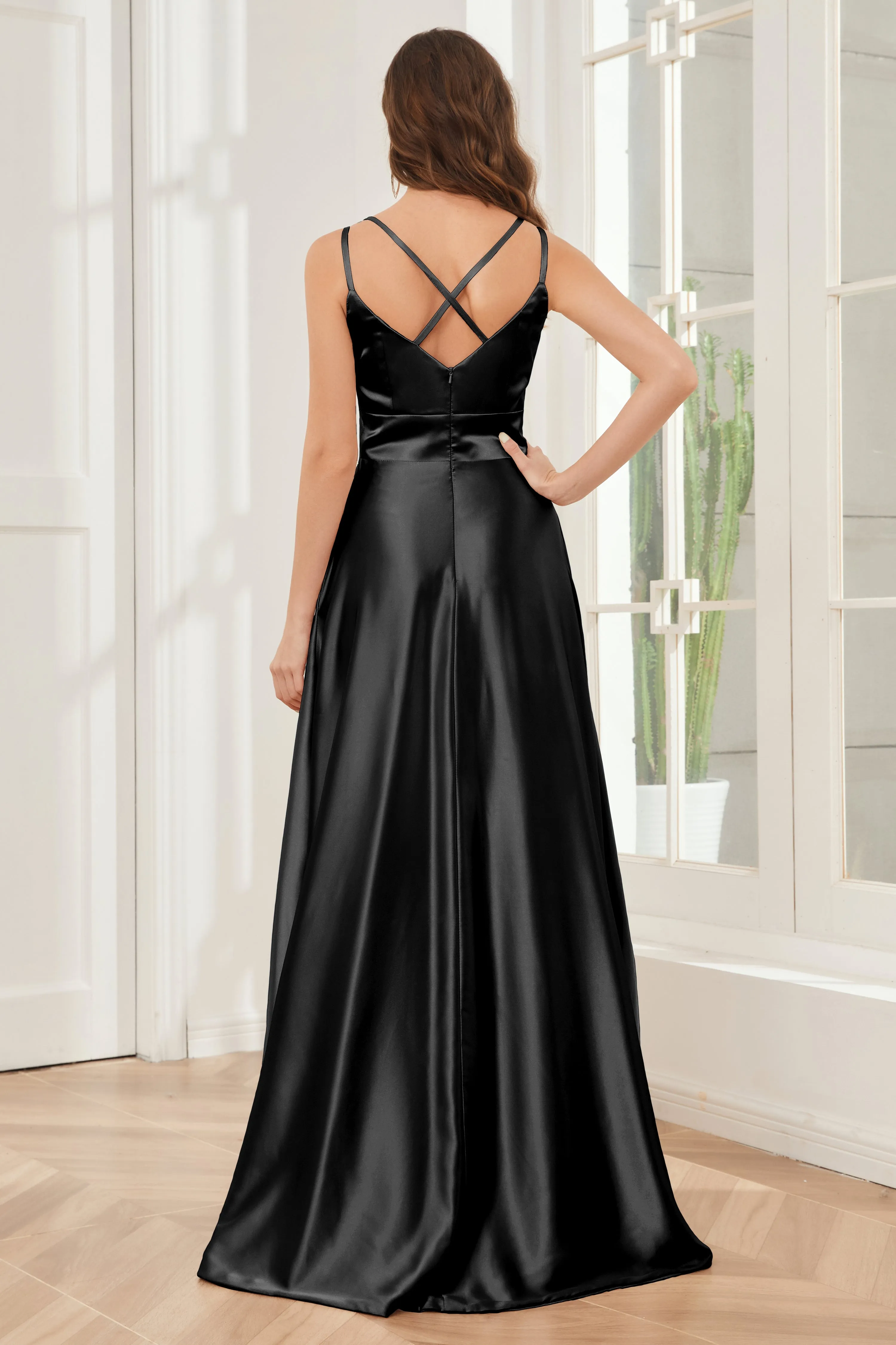 Spaghetti Straps V-neck Soft Satin Bridesmaid Dress