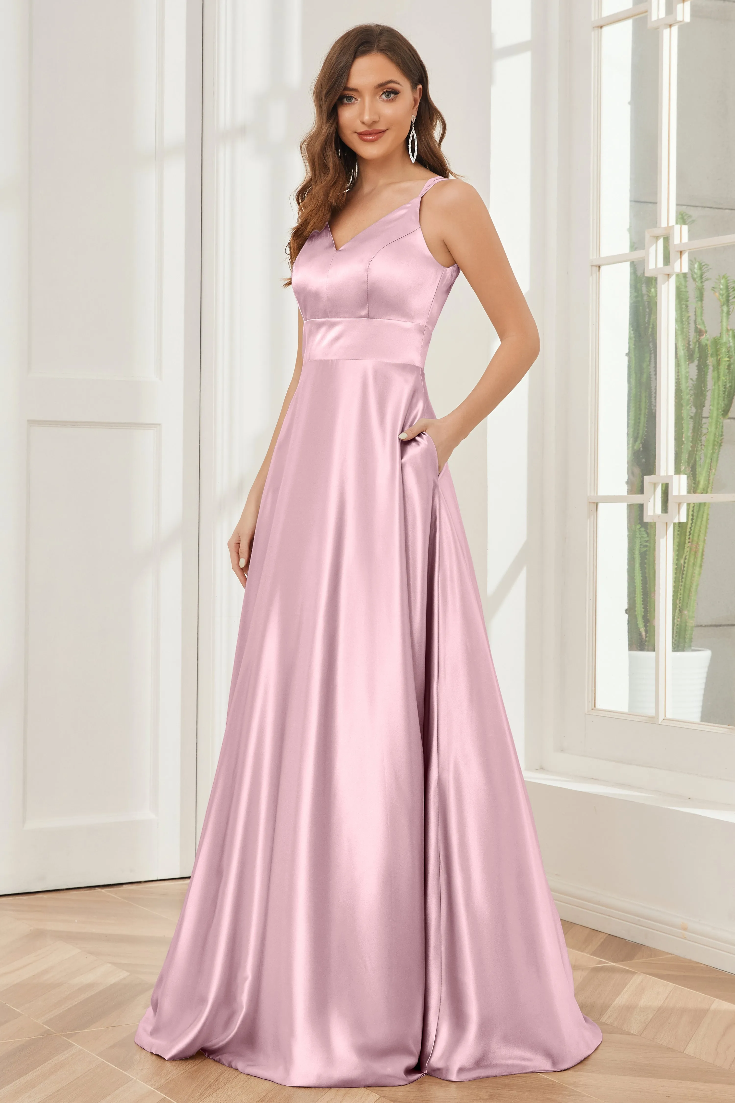 Spaghetti Straps V-neck Soft Satin Bridesmaid Dress