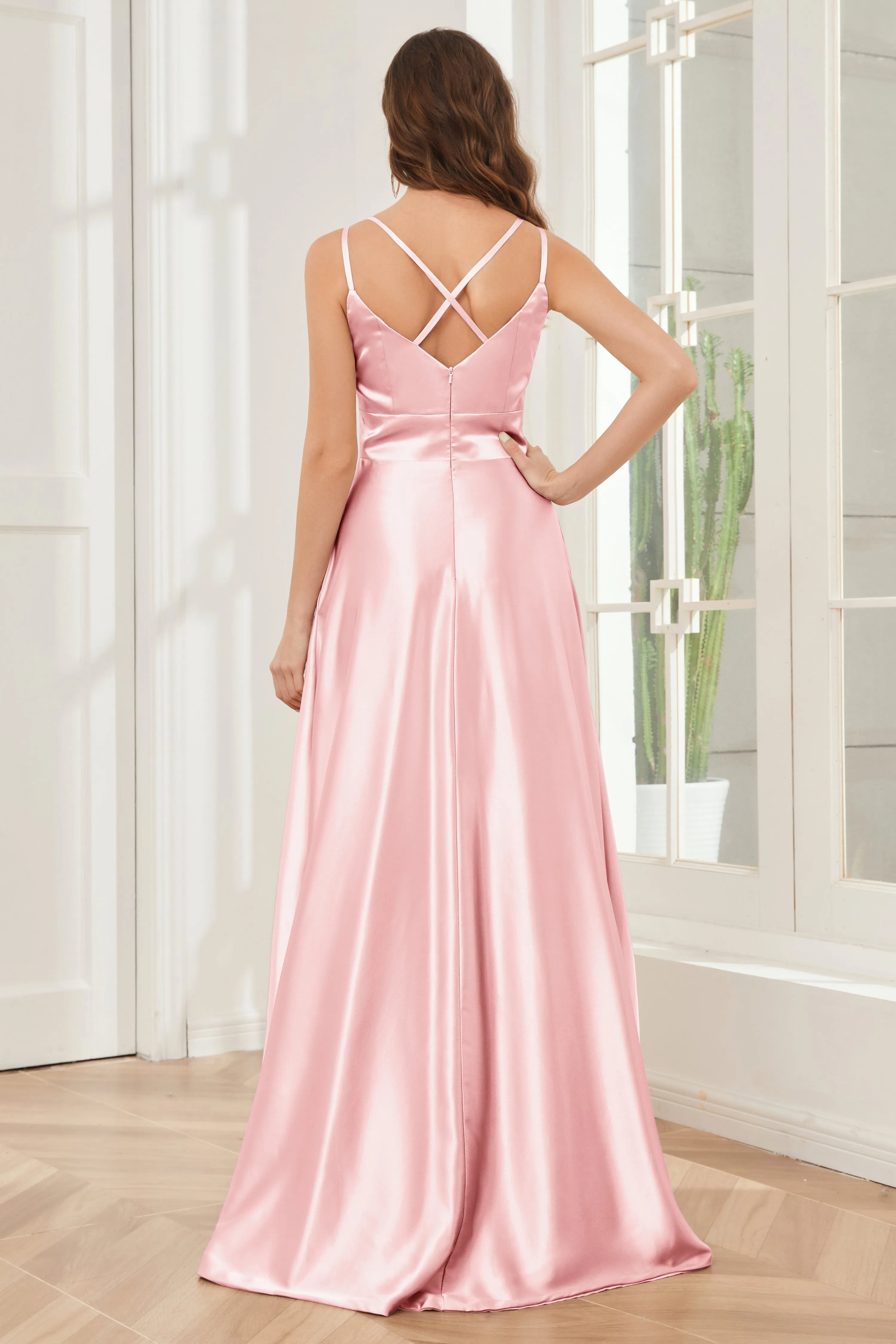 Spaghetti Straps V-neck Soft Satin Bridesmaid Dress