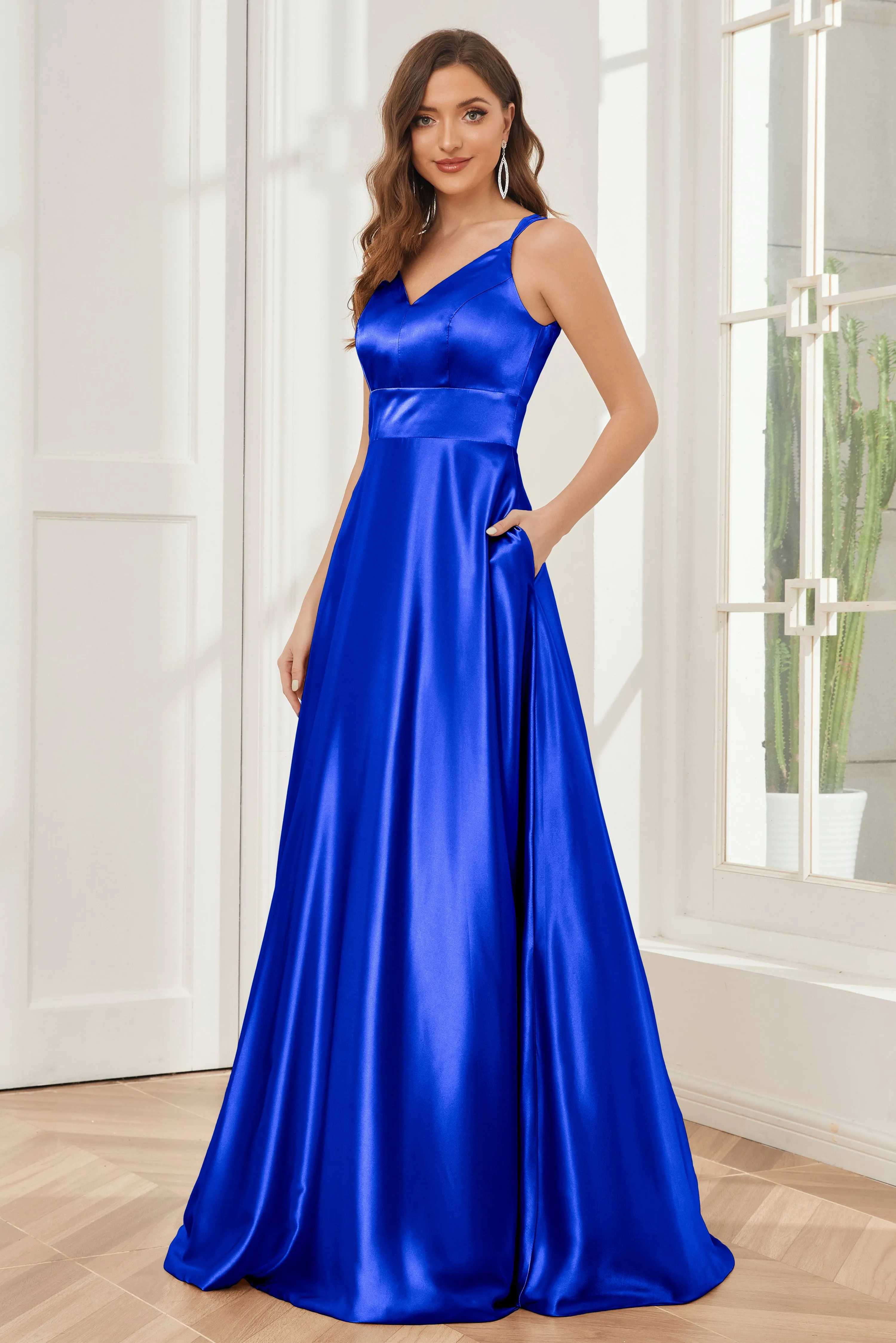 Spaghetti Straps V-neck Soft Satin Bridesmaid Dress