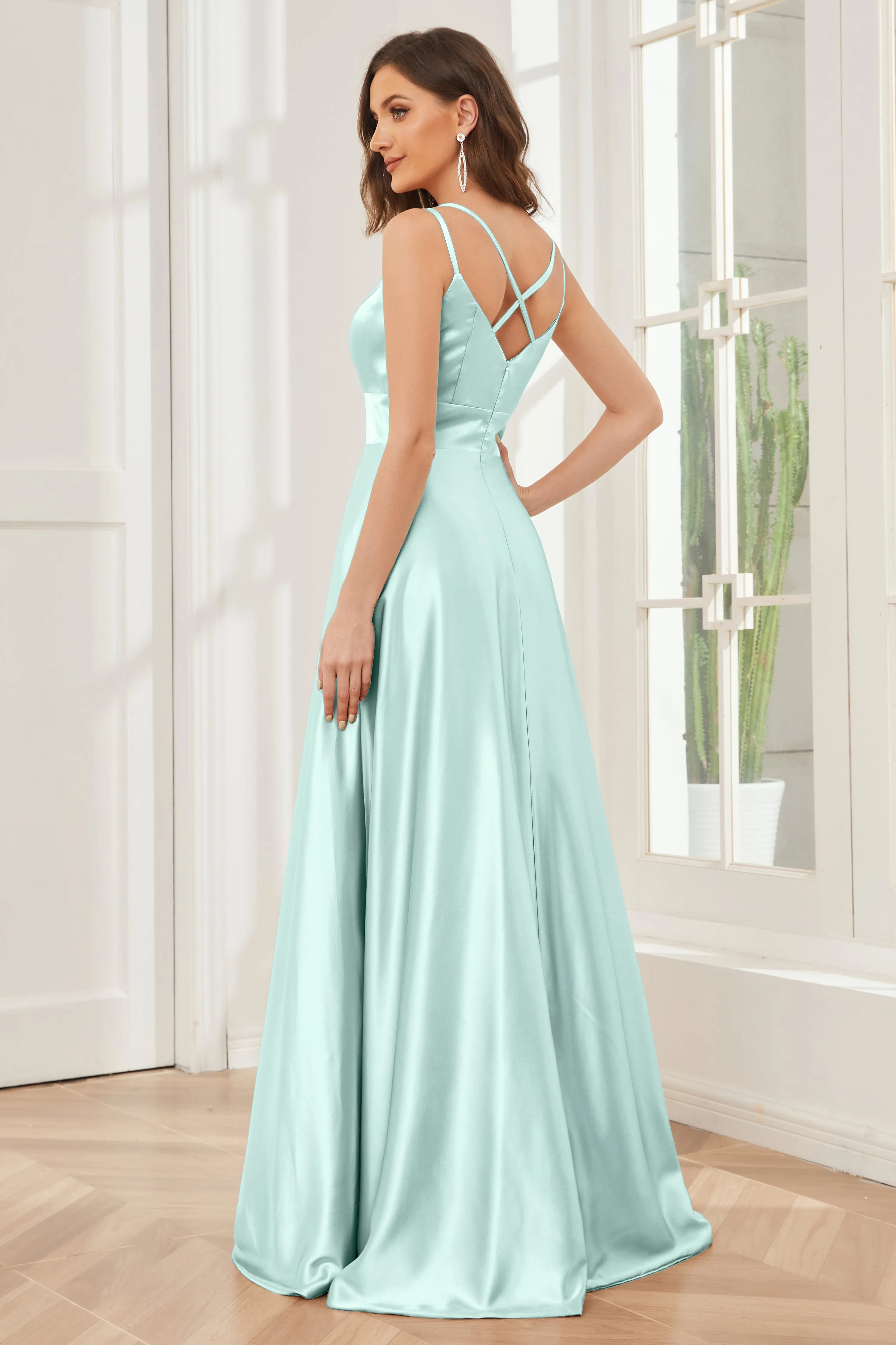 Spaghetti Straps V-neck Soft Satin Bridesmaid Dress