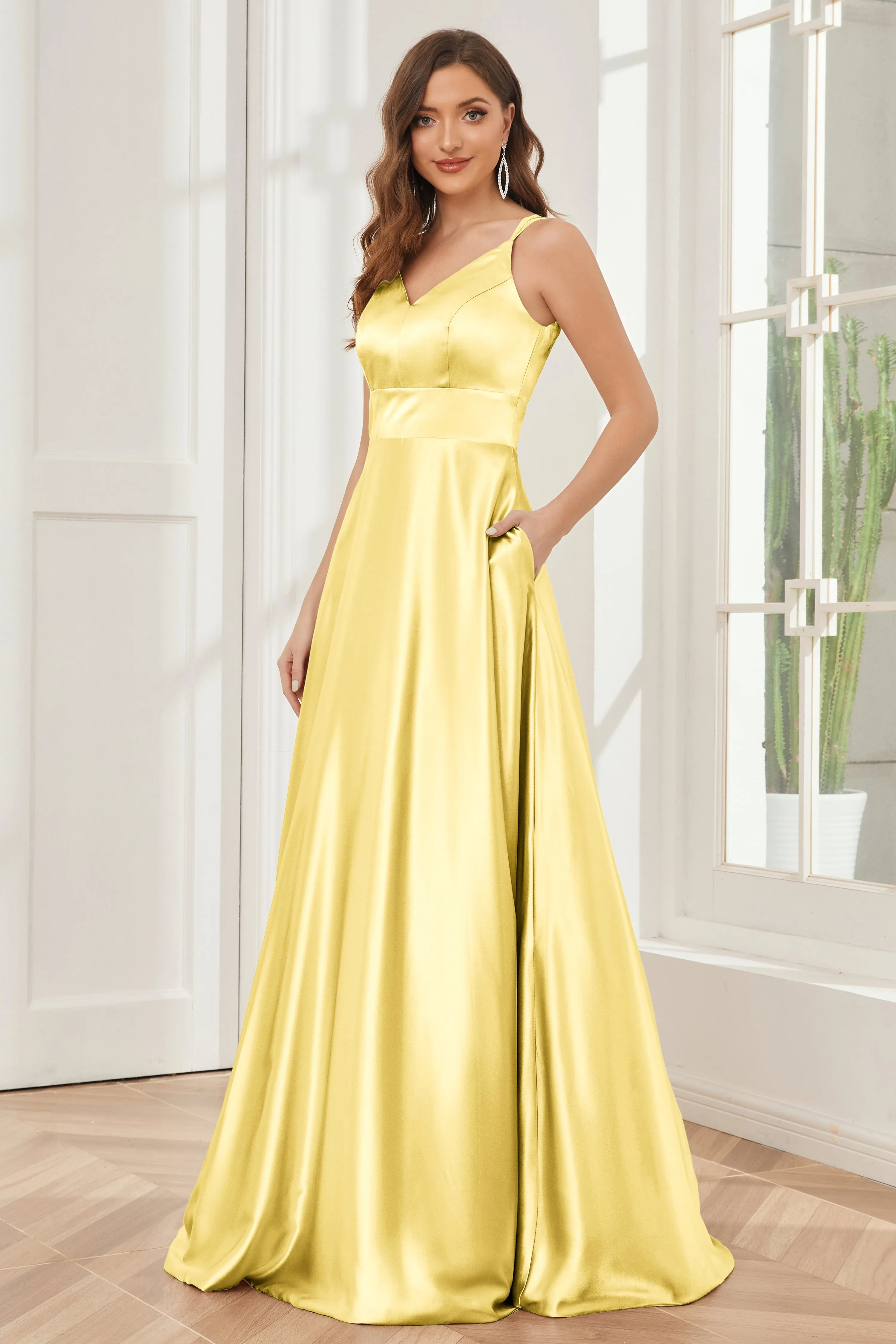 Spaghetti Straps V-neck Soft Satin Bridesmaid Dress