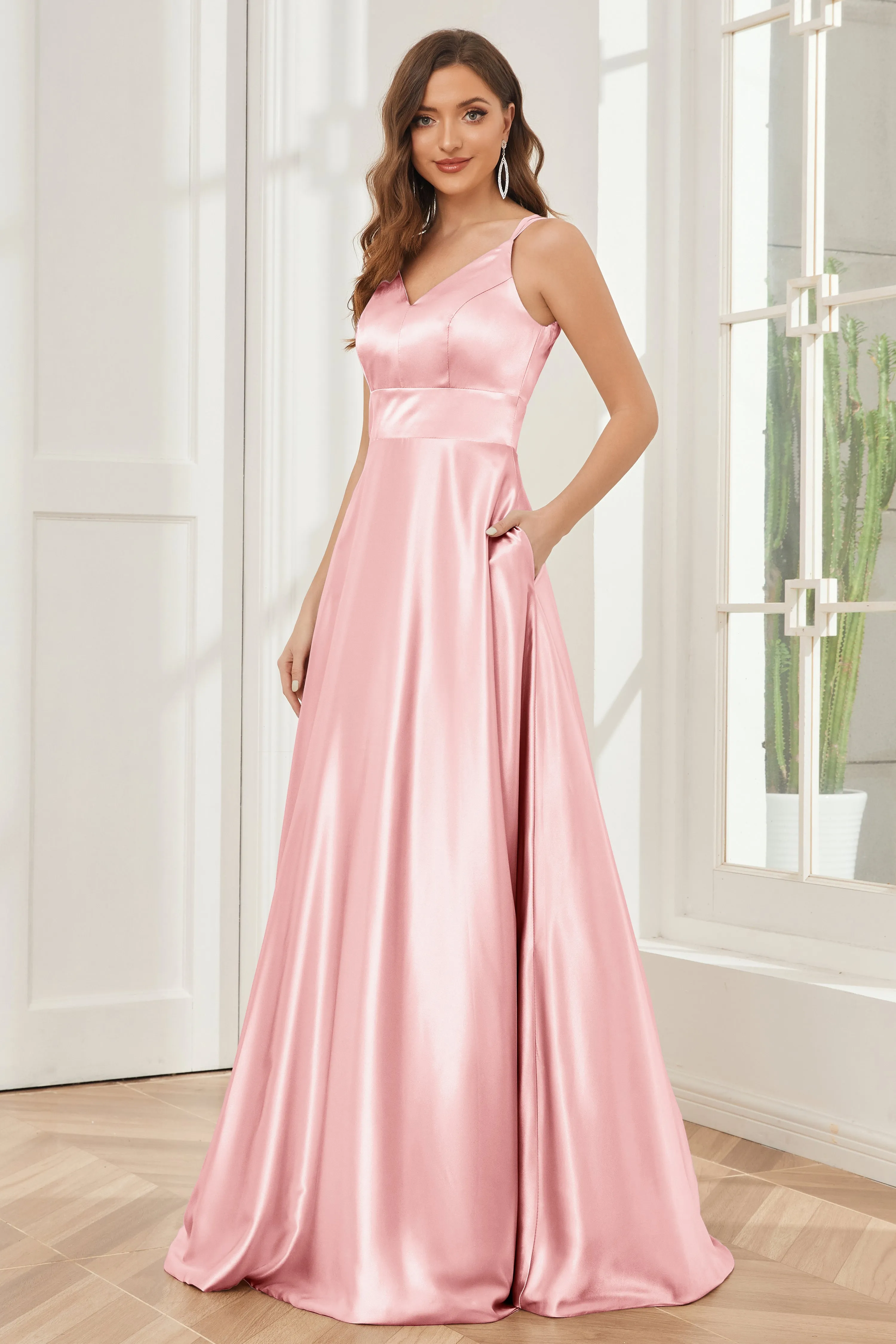Spaghetti Straps V-neck Soft Satin Bridesmaid Dress