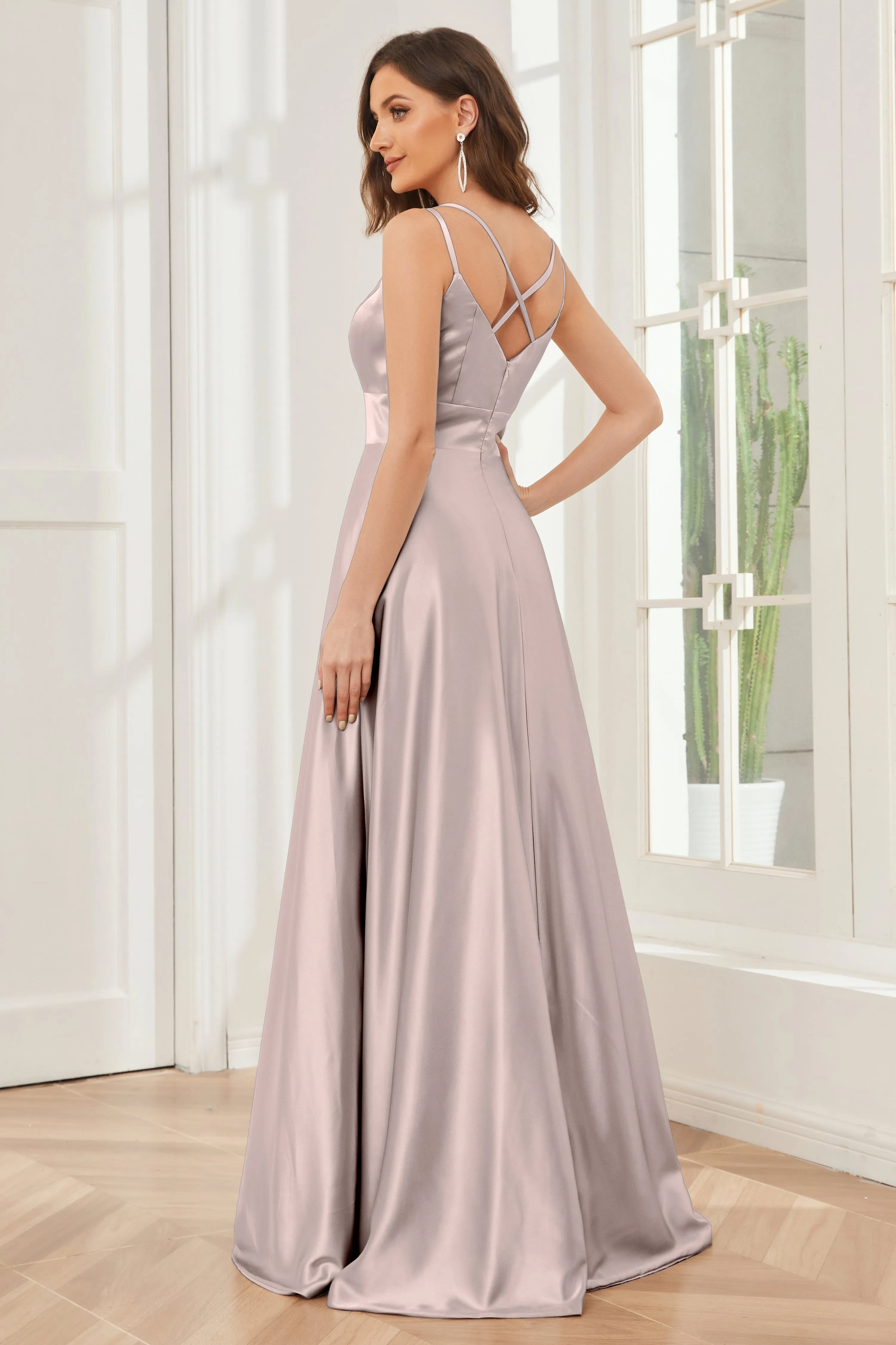 Spaghetti Straps V-neck Soft Satin Bridesmaid Dress