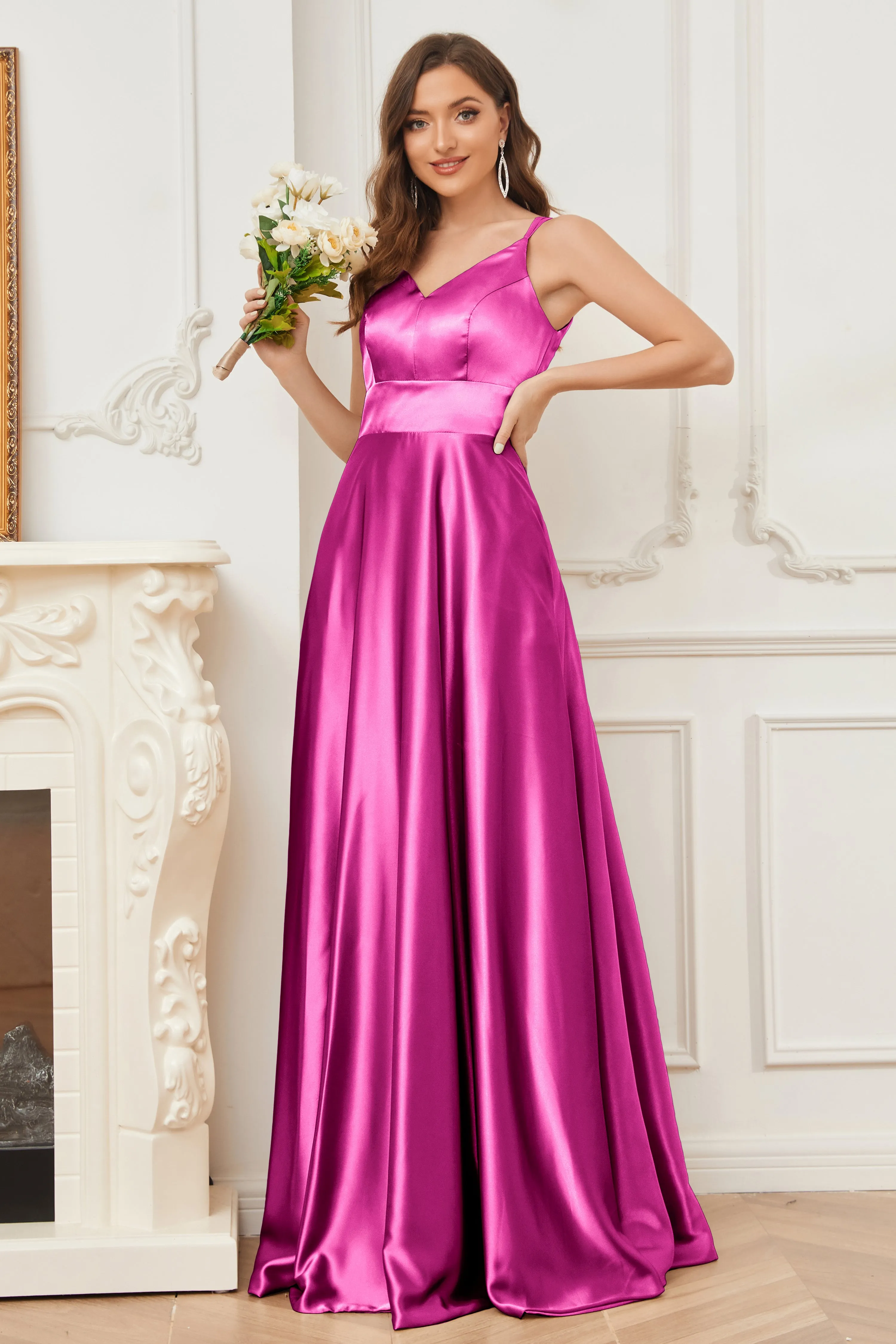 Spaghetti Straps V-neck Soft Satin Bridesmaid Dress