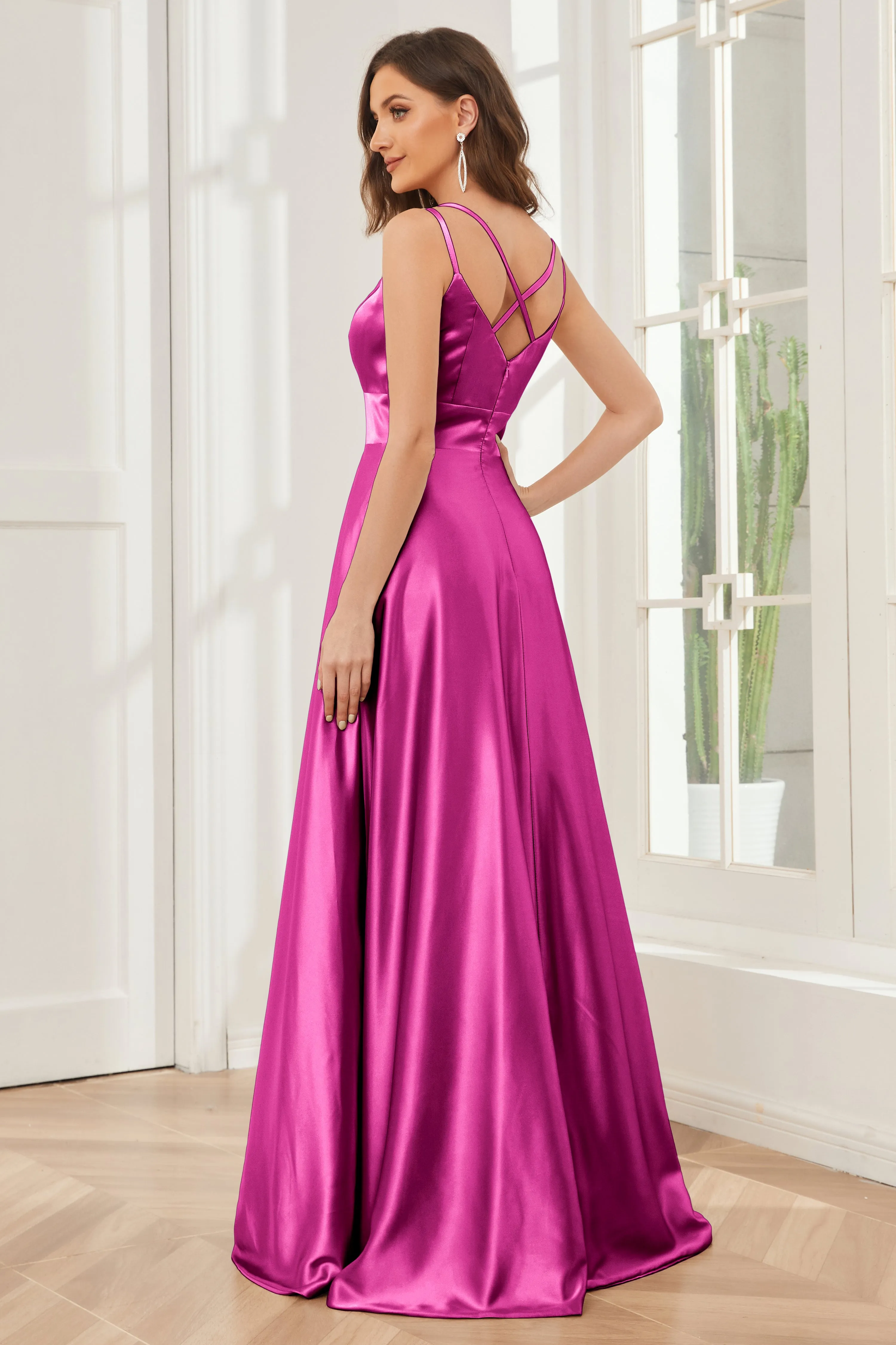 Spaghetti Straps V-neck Soft Satin Bridesmaid Dress