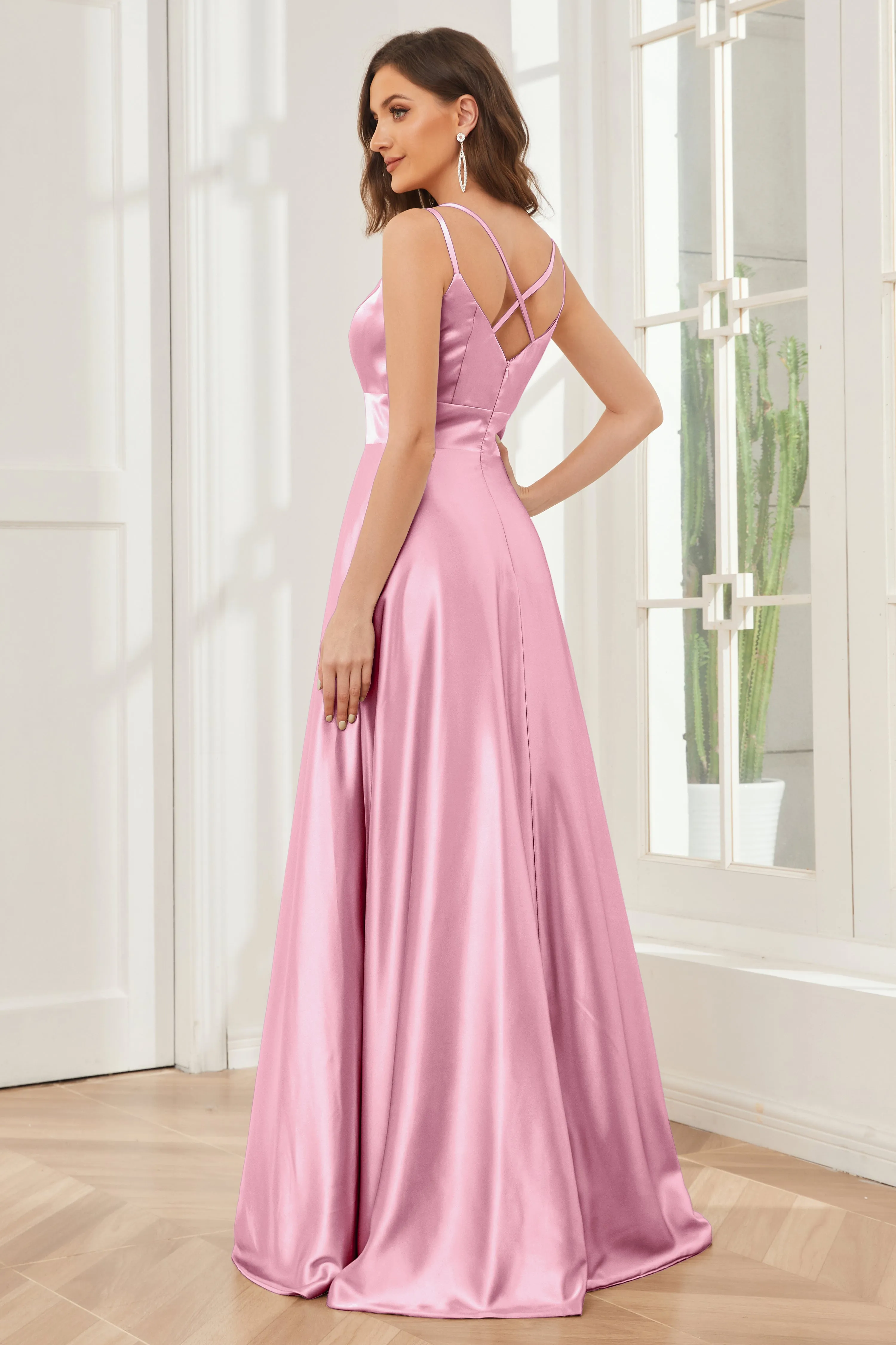 Spaghetti Straps V-neck Soft Satin Bridesmaid Dress