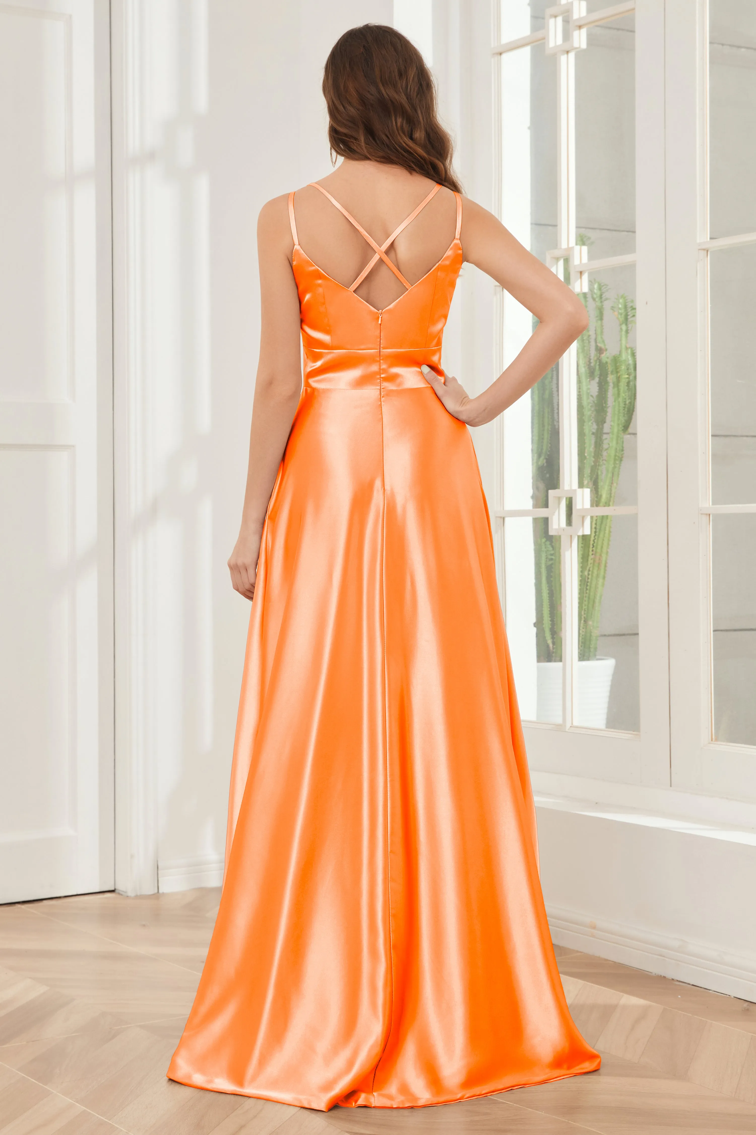 Spaghetti Straps V-neck Soft Satin Bridesmaid Dress