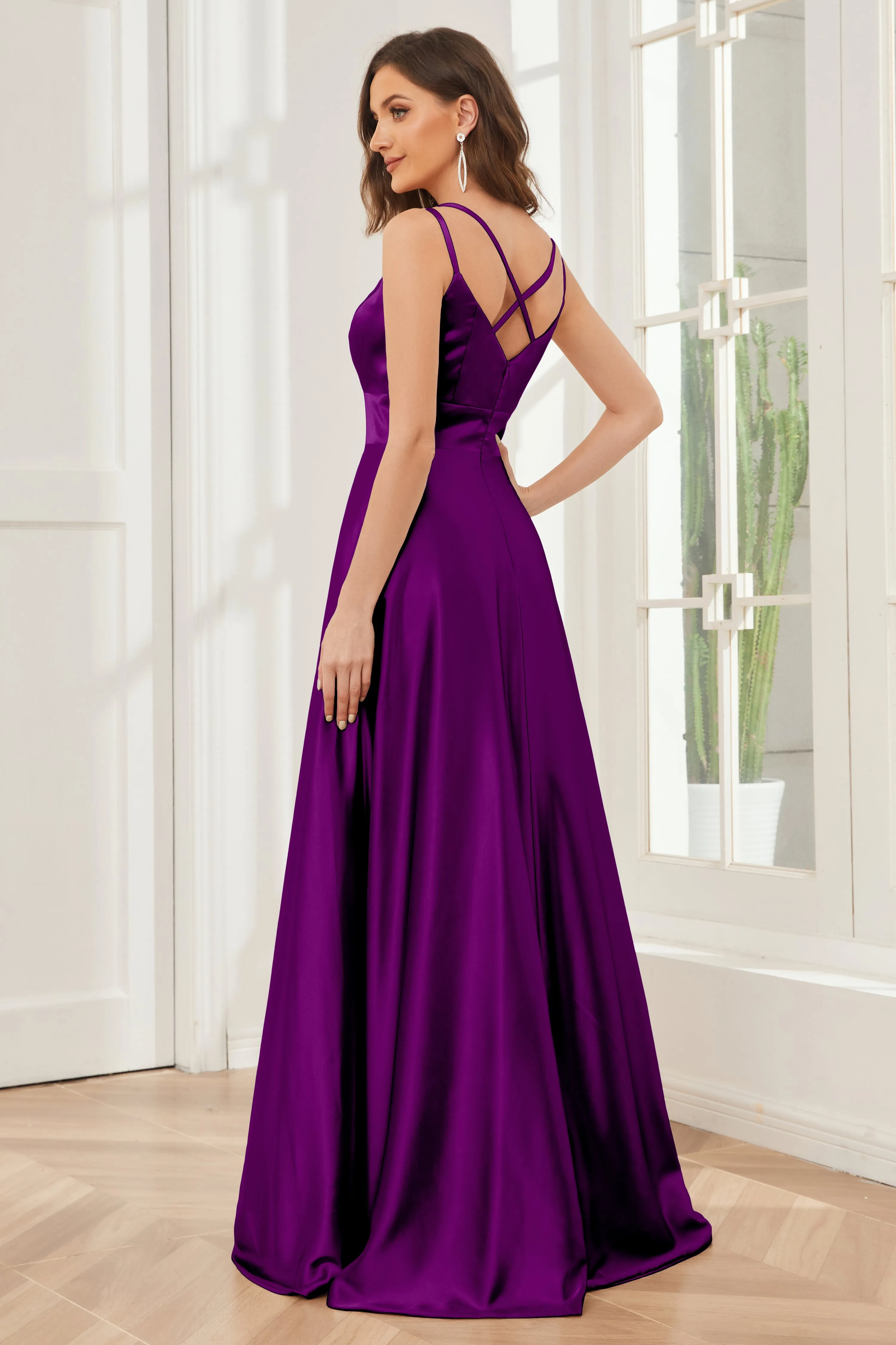Spaghetti Straps V-neck Soft Satin Bridesmaid Dress