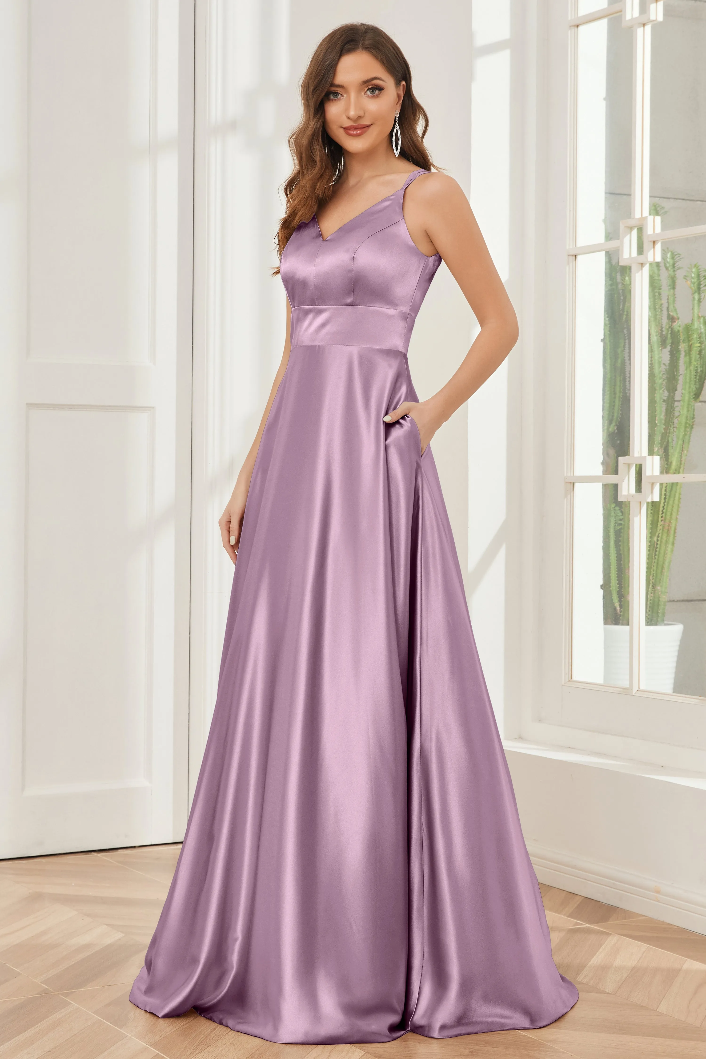 Spaghetti Straps V-neck Soft Satin Bridesmaid Dress
