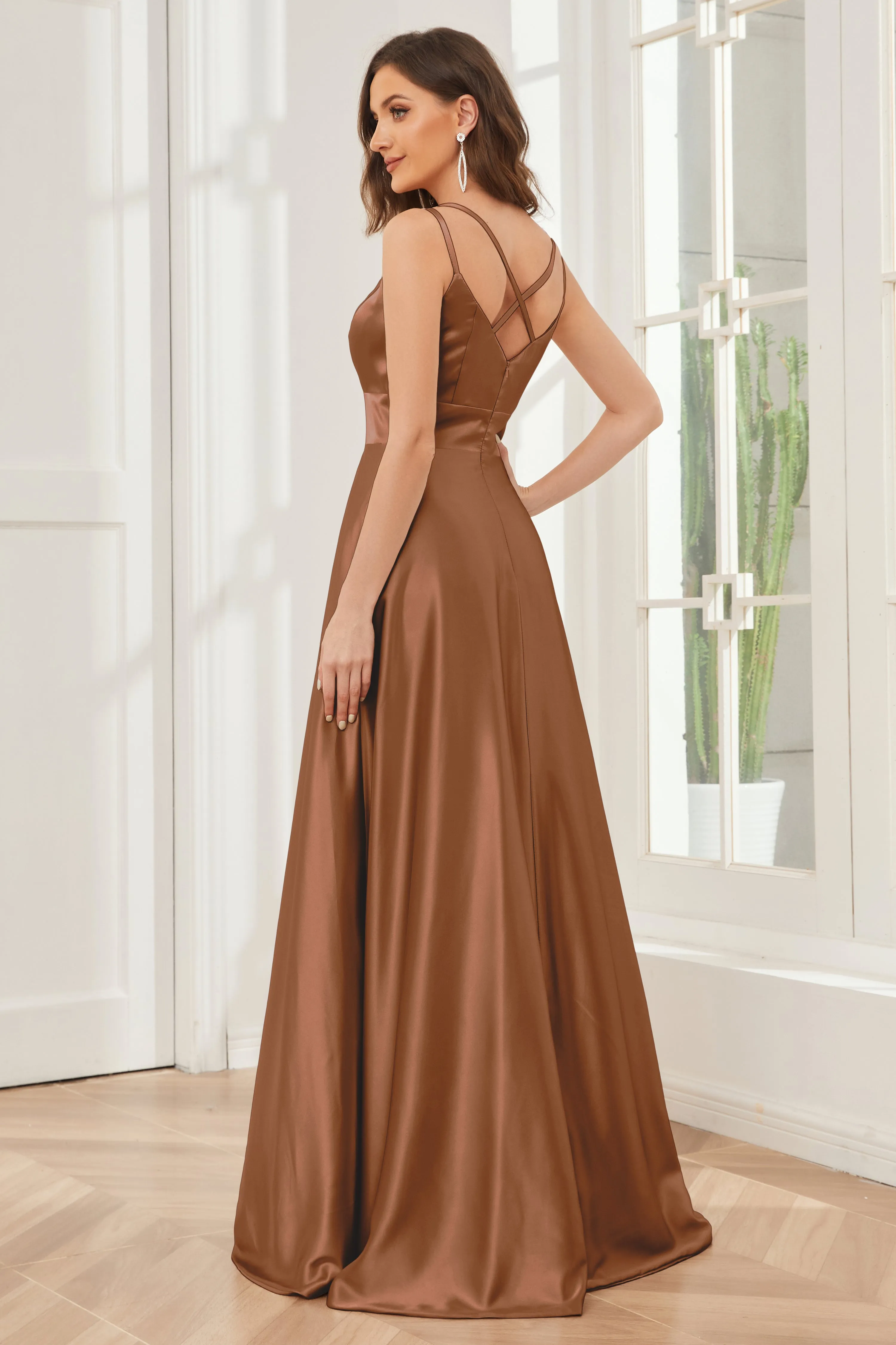Spaghetti Straps V-neck Soft Satin Bridesmaid Dress