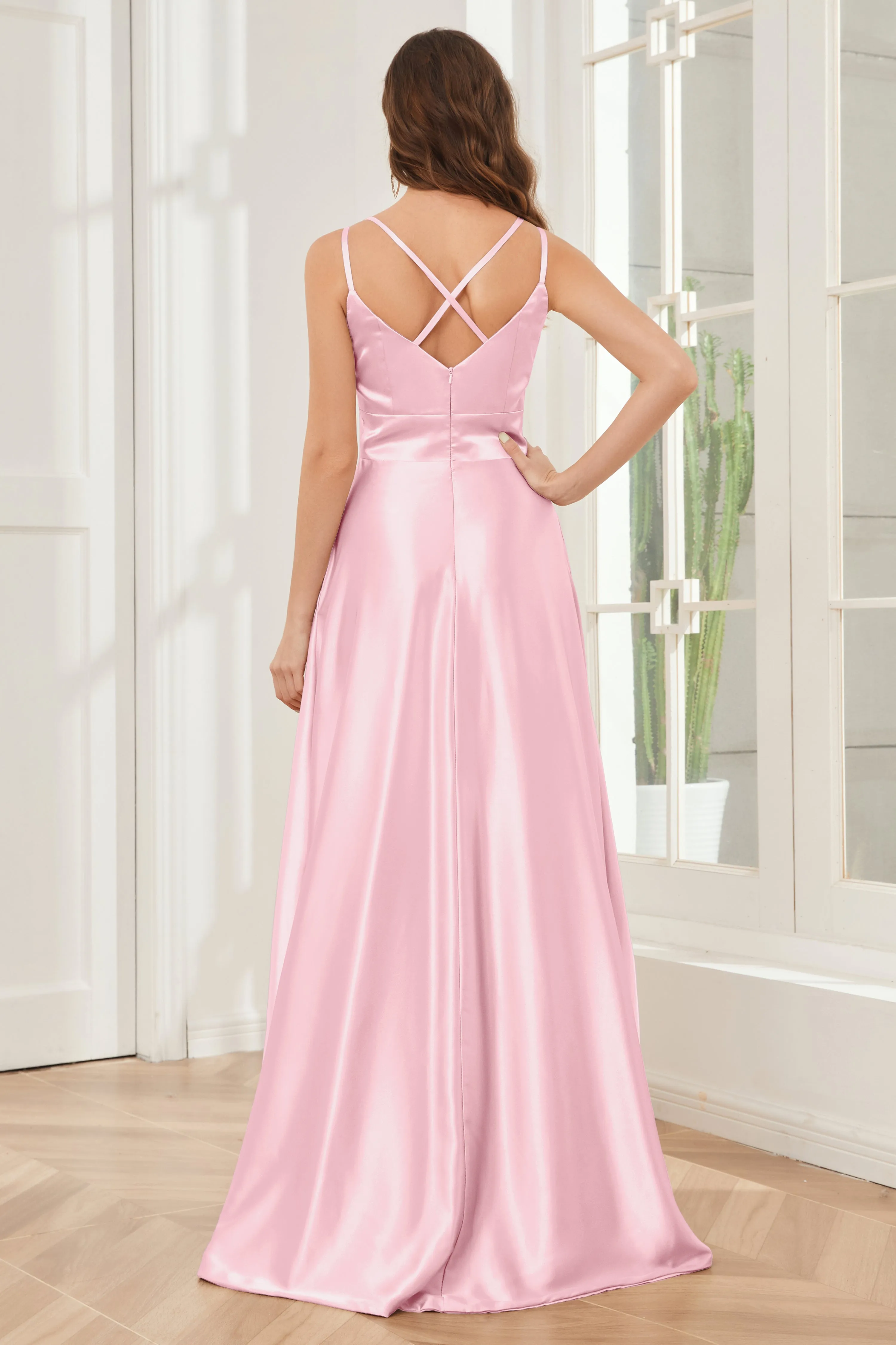 Spaghetti Straps V-neck Soft Satin Bridesmaid Dress