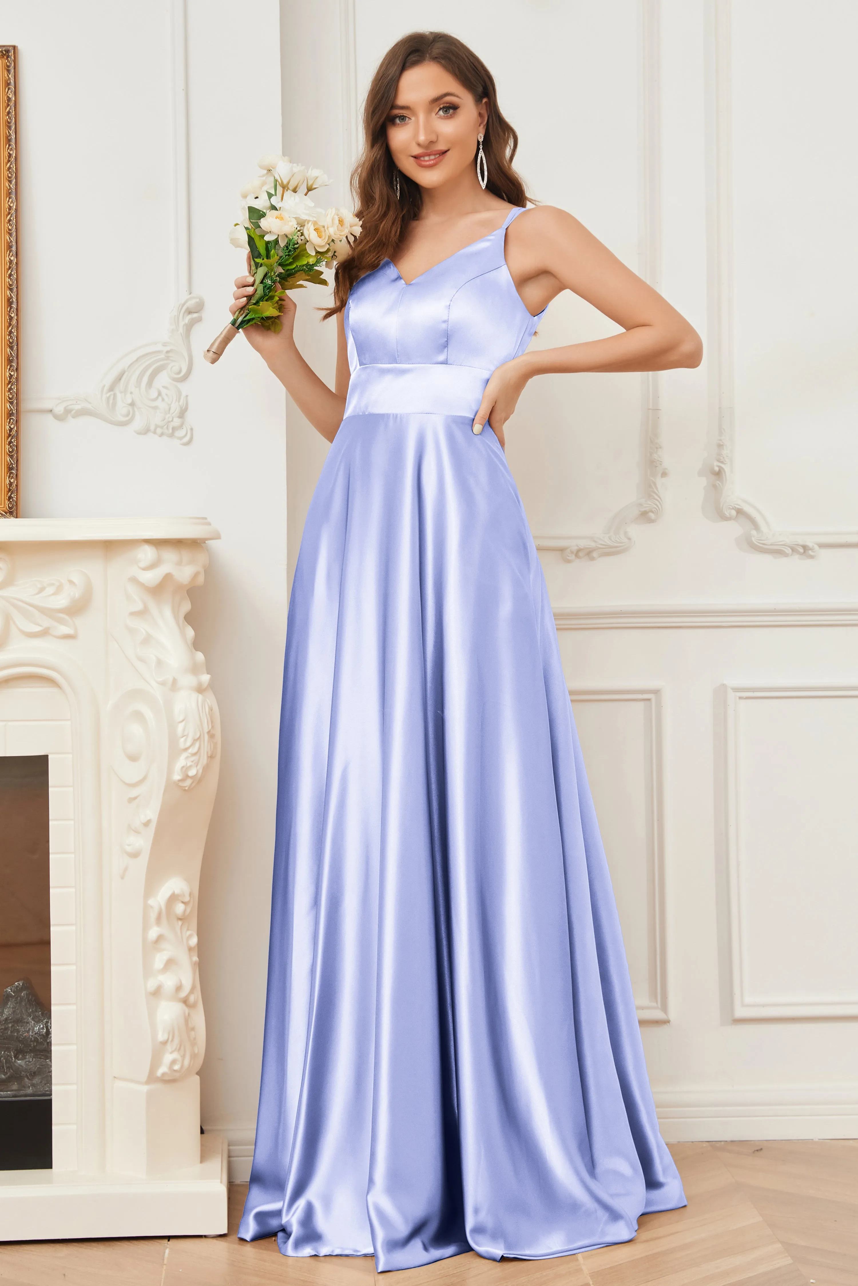 Spaghetti Straps V-neck Soft Satin Bridesmaid Dress