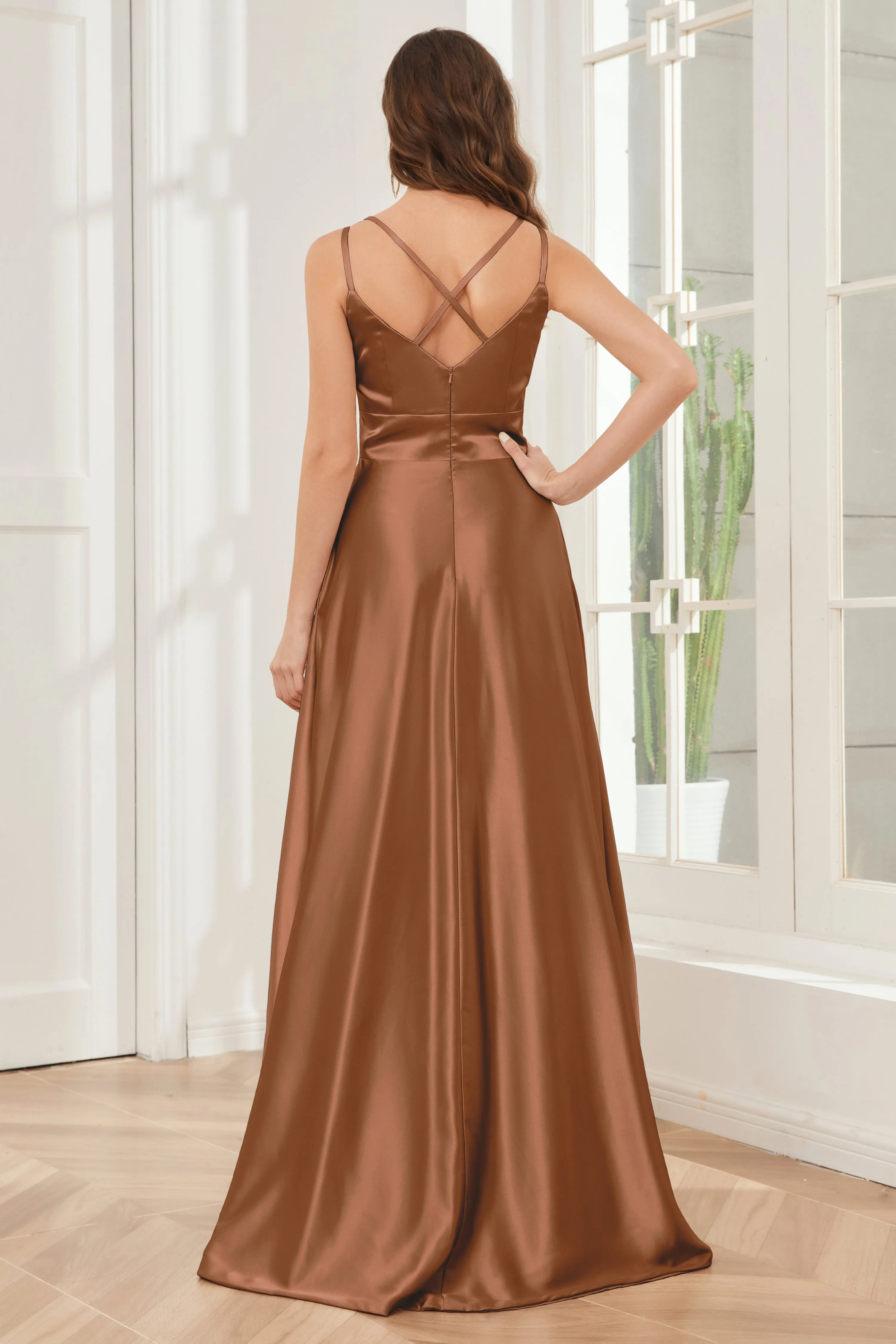 Spaghetti Straps V-neck Soft Satin Bridesmaid Dress