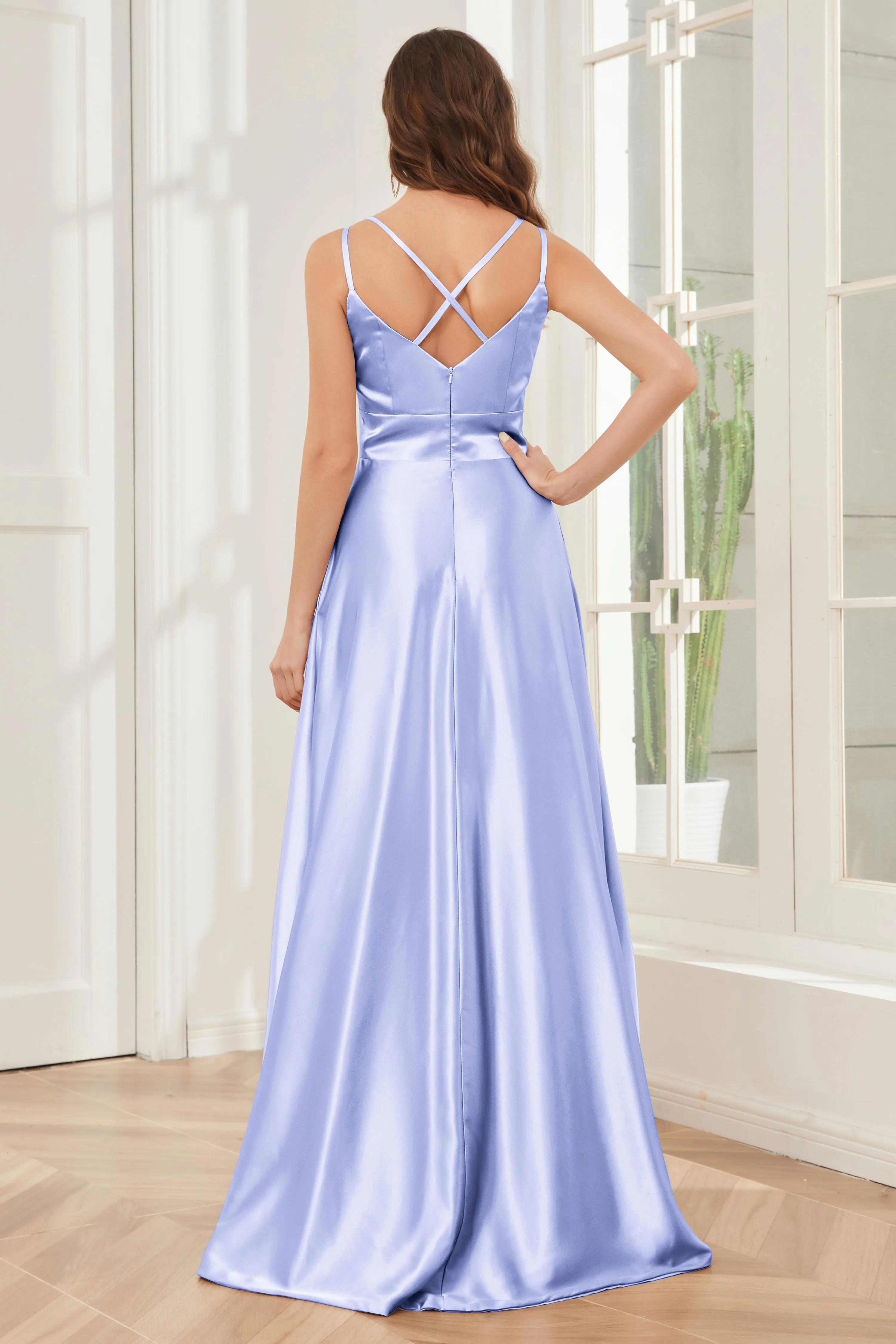 Spaghetti Straps V-neck Soft Satin Bridesmaid Dress