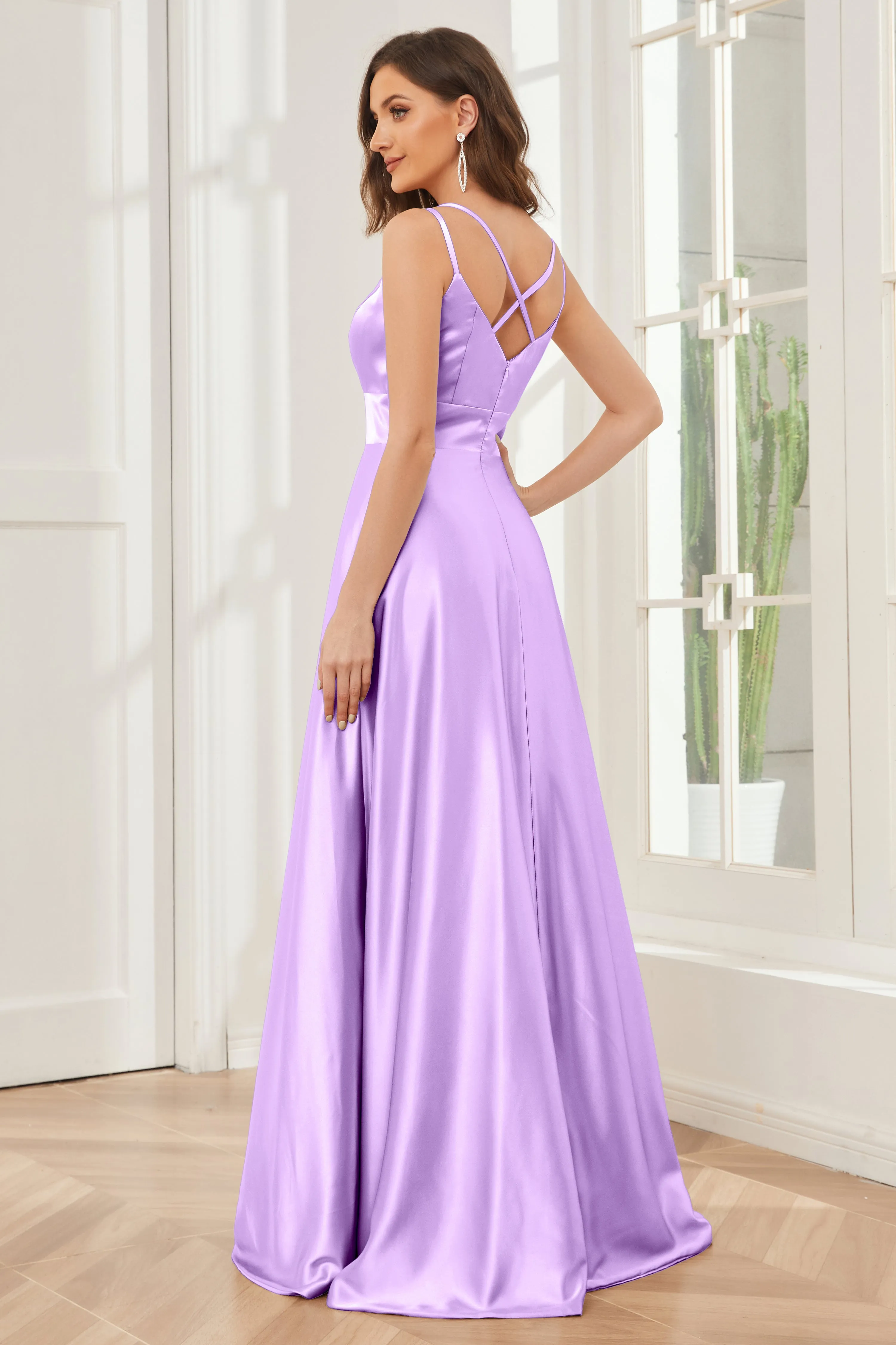 Spaghetti Straps V-neck Soft Satin Bridesmaid Dress