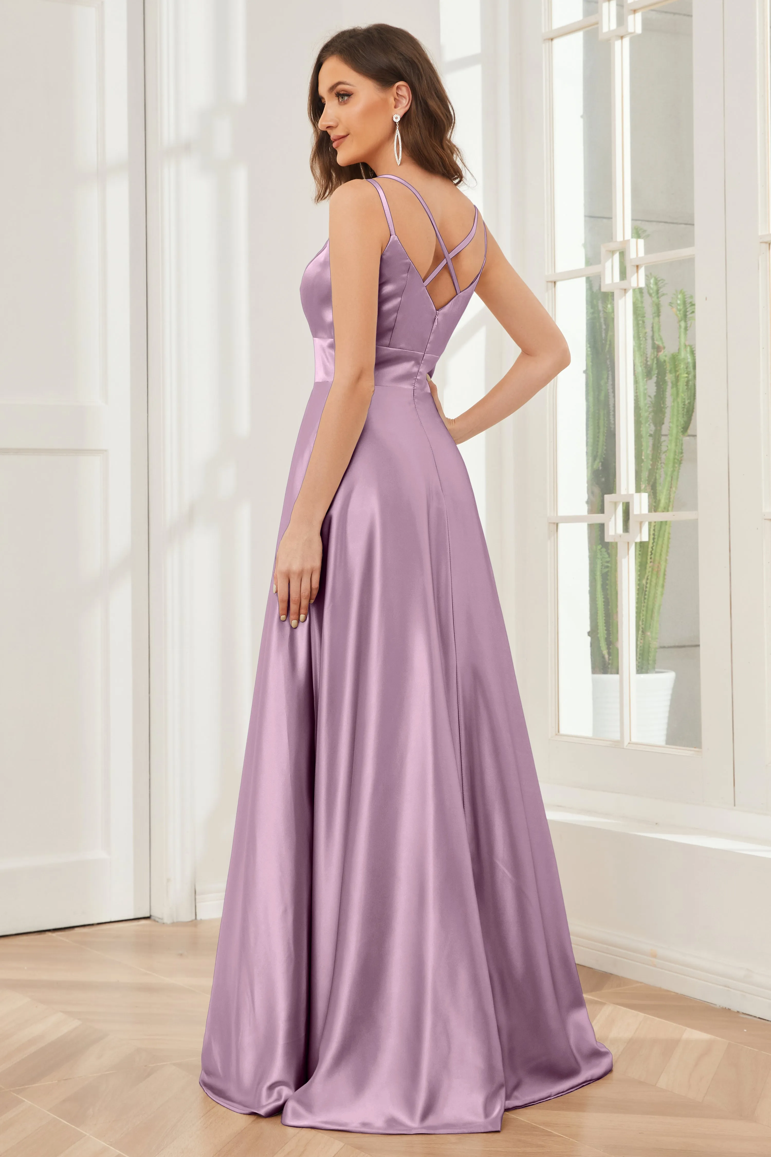 Spaghetti Straps V-neck Soft Satin Bridesmaid Dress