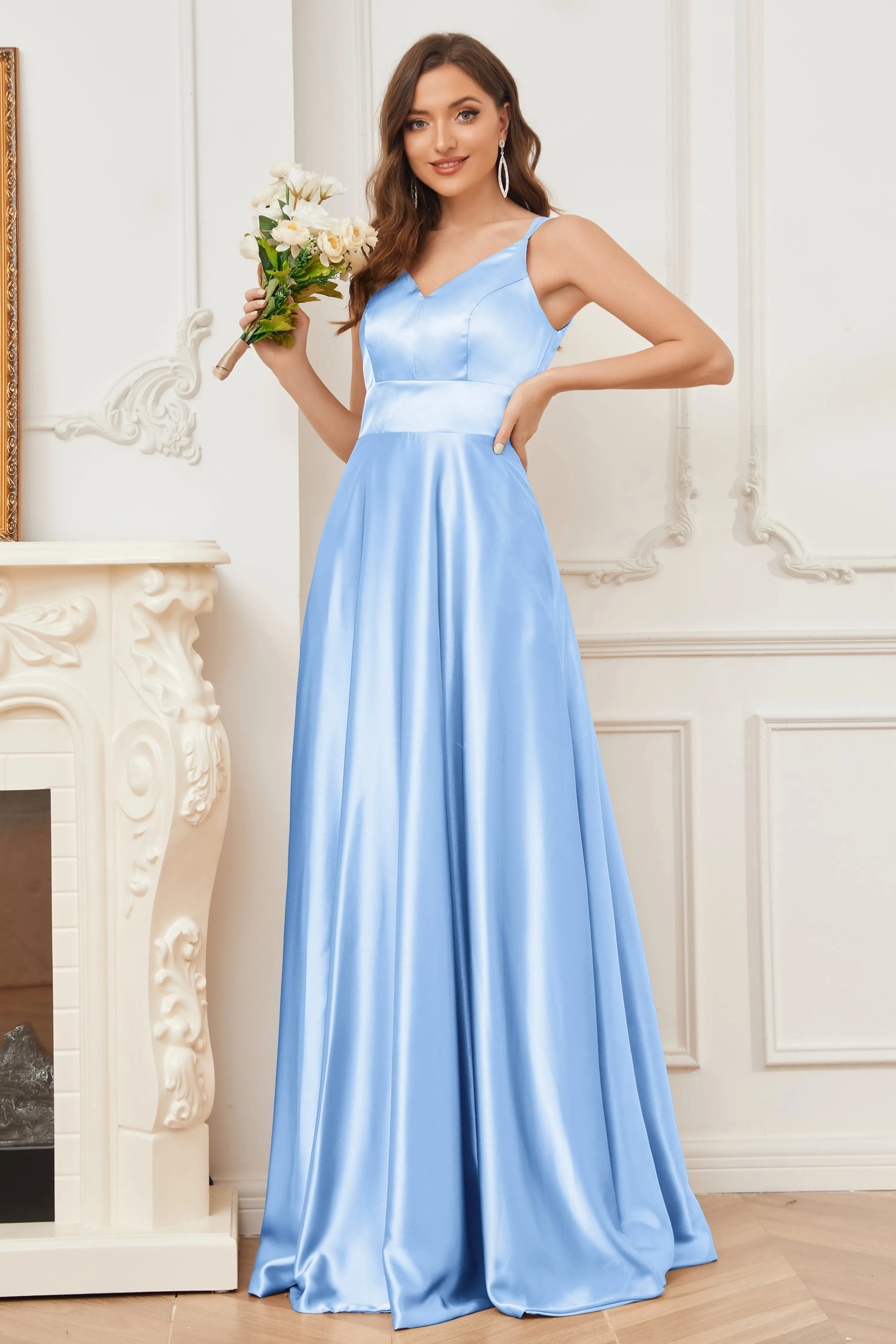 Spaghetti Straps V-neck Soft Satin Bridesmaid Dress