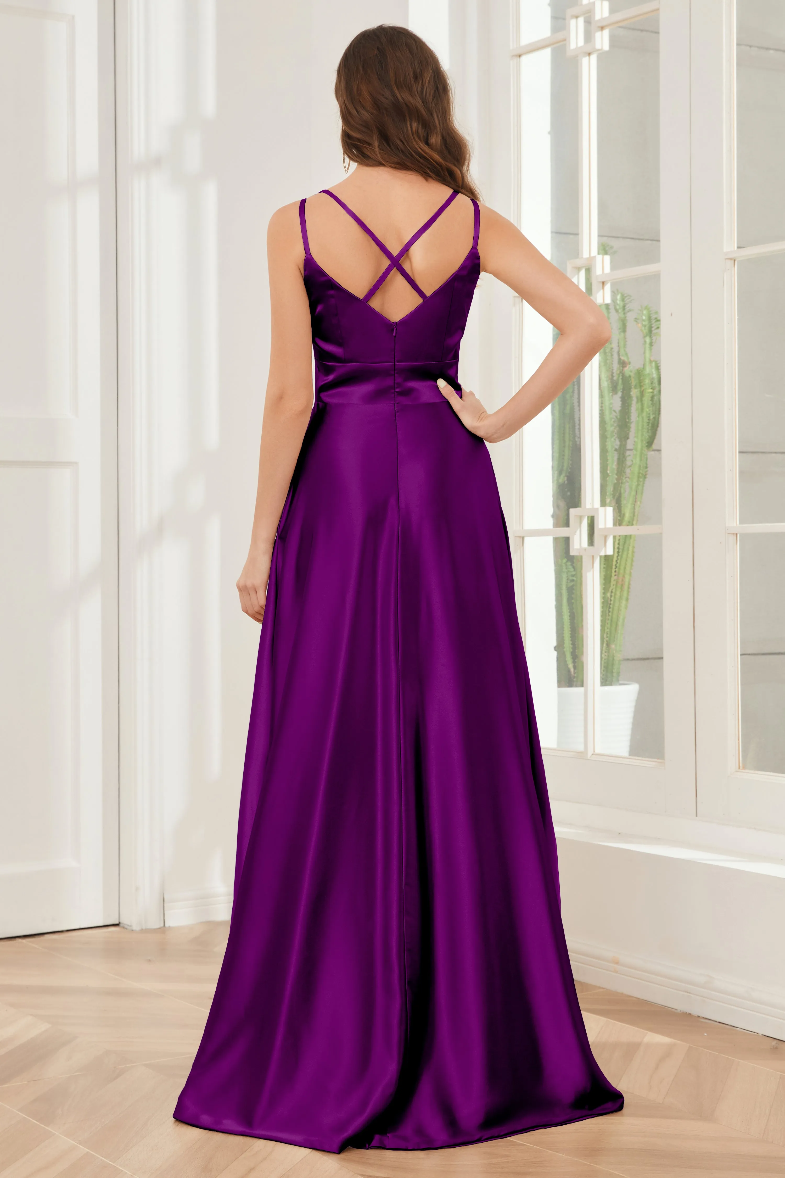 Spaghetti Straps V-neck Soft Satin Bridesmaid Dress