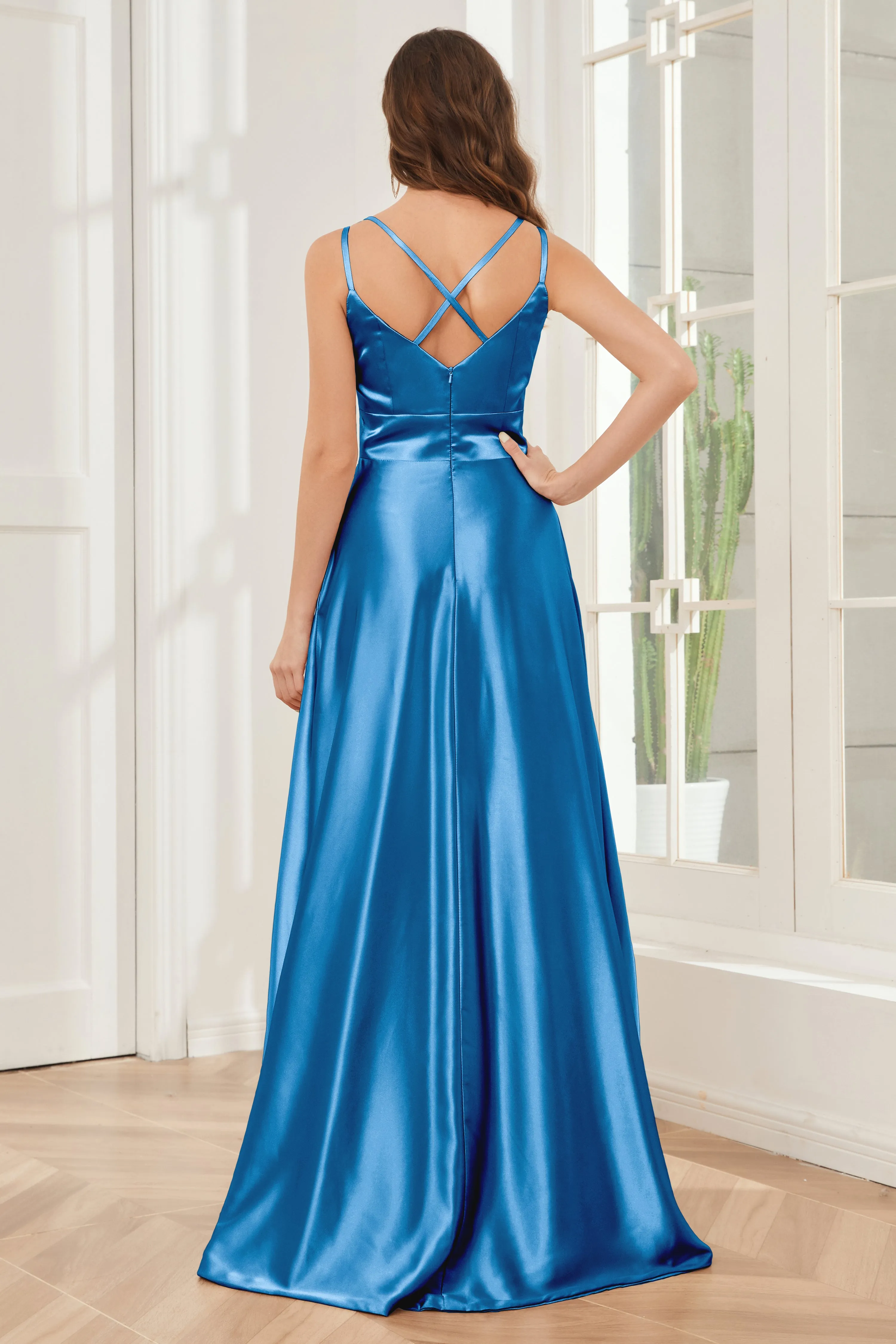 Spaghetti Straps V-neck Soft Satin Bridesmaid Dress