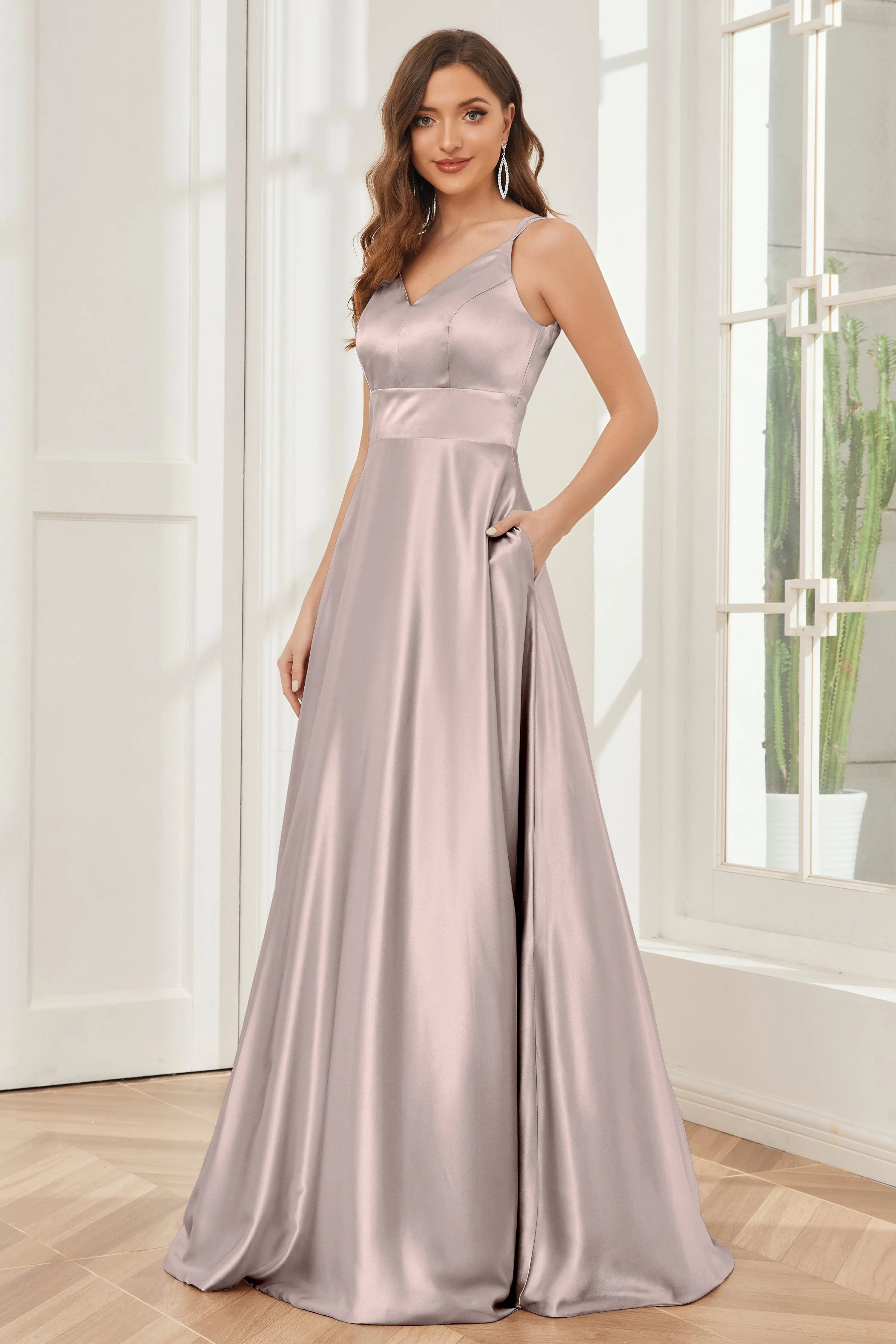 Spaghetti Straps V-neck Soft Satin Bridesmaid Dress