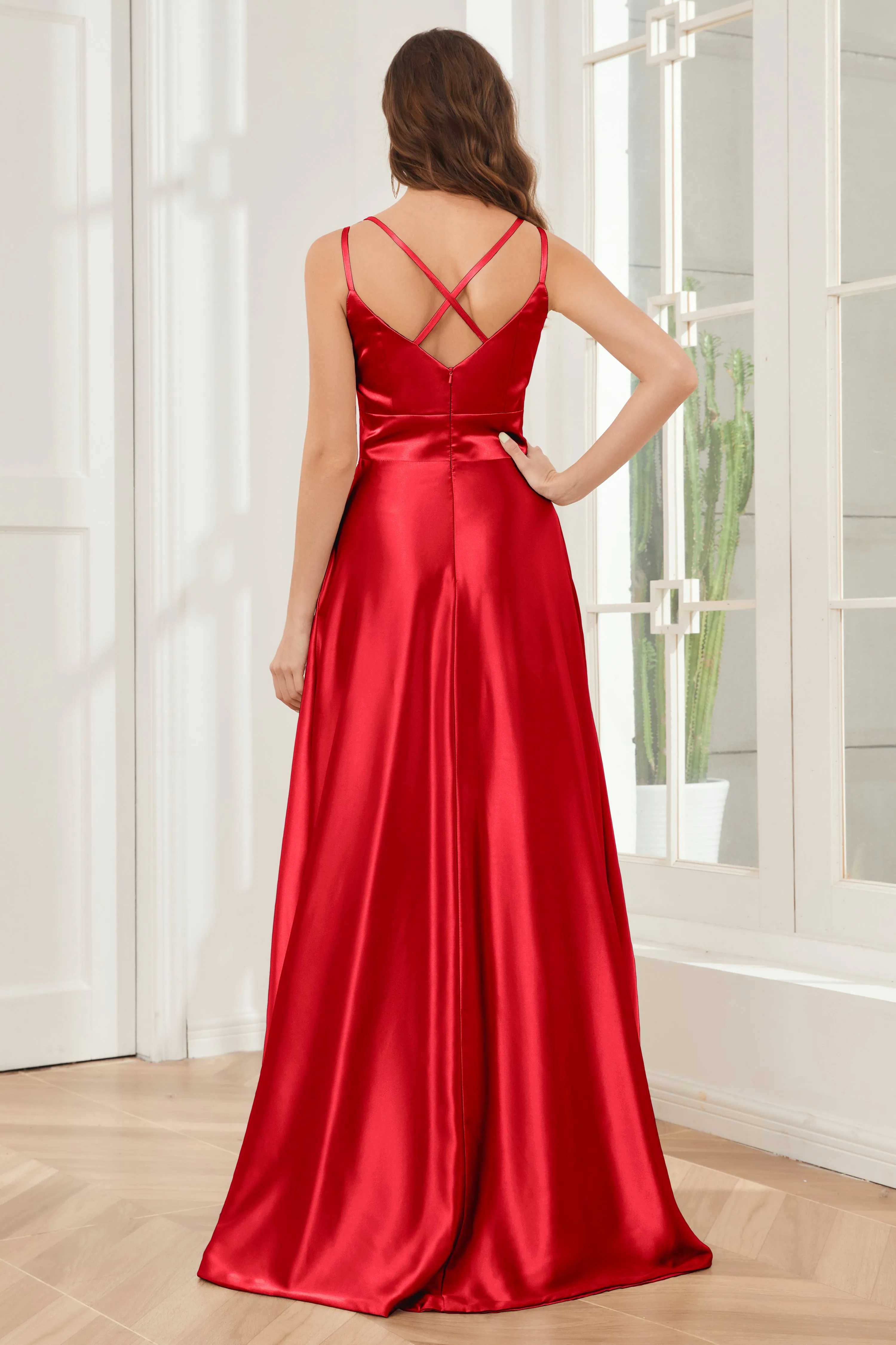 Spaghetti Straps V-neck Soft Satin Bridesmaid Dress