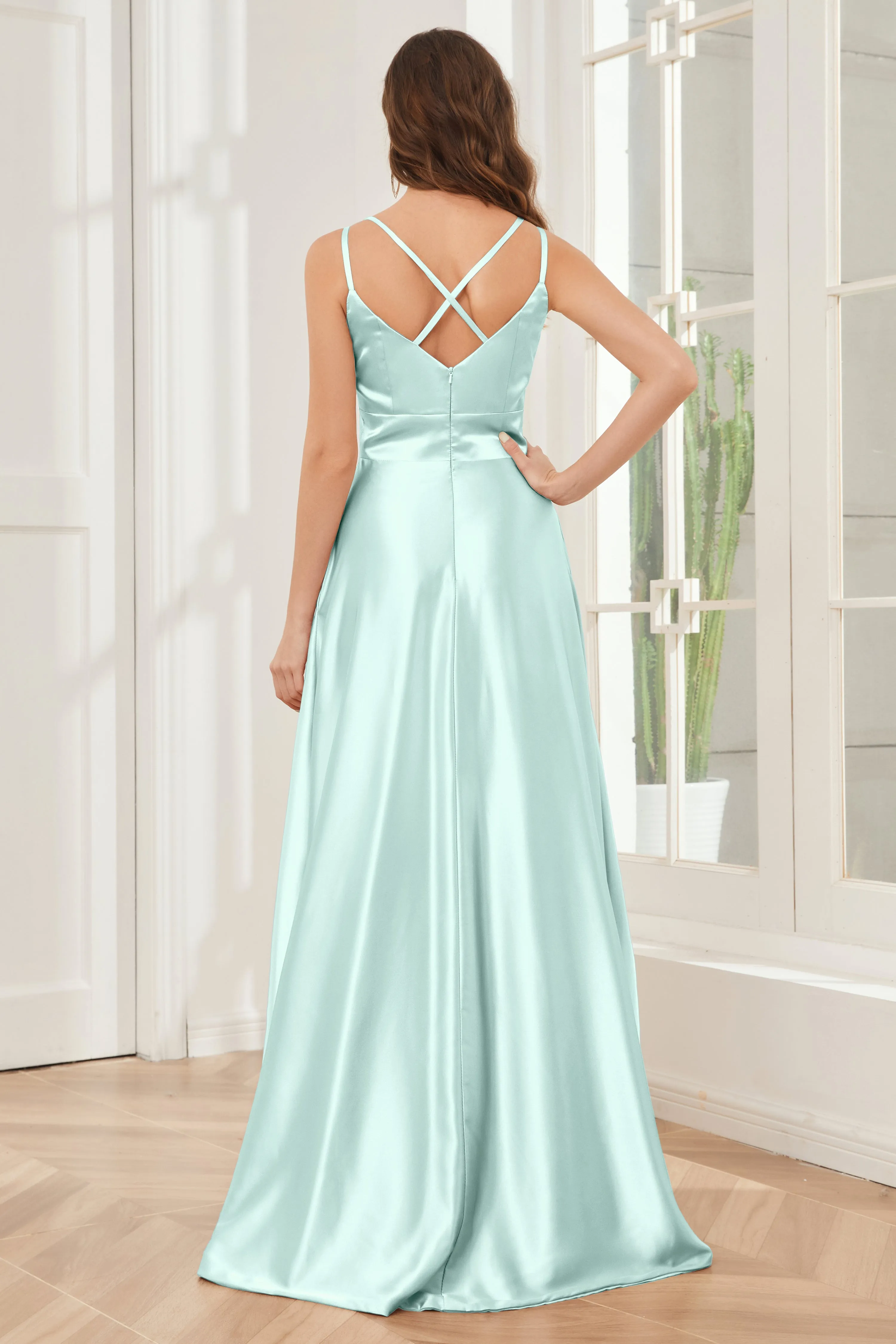 Spaghetti Straps V-neck Soft Satin Bridesmaid Dress