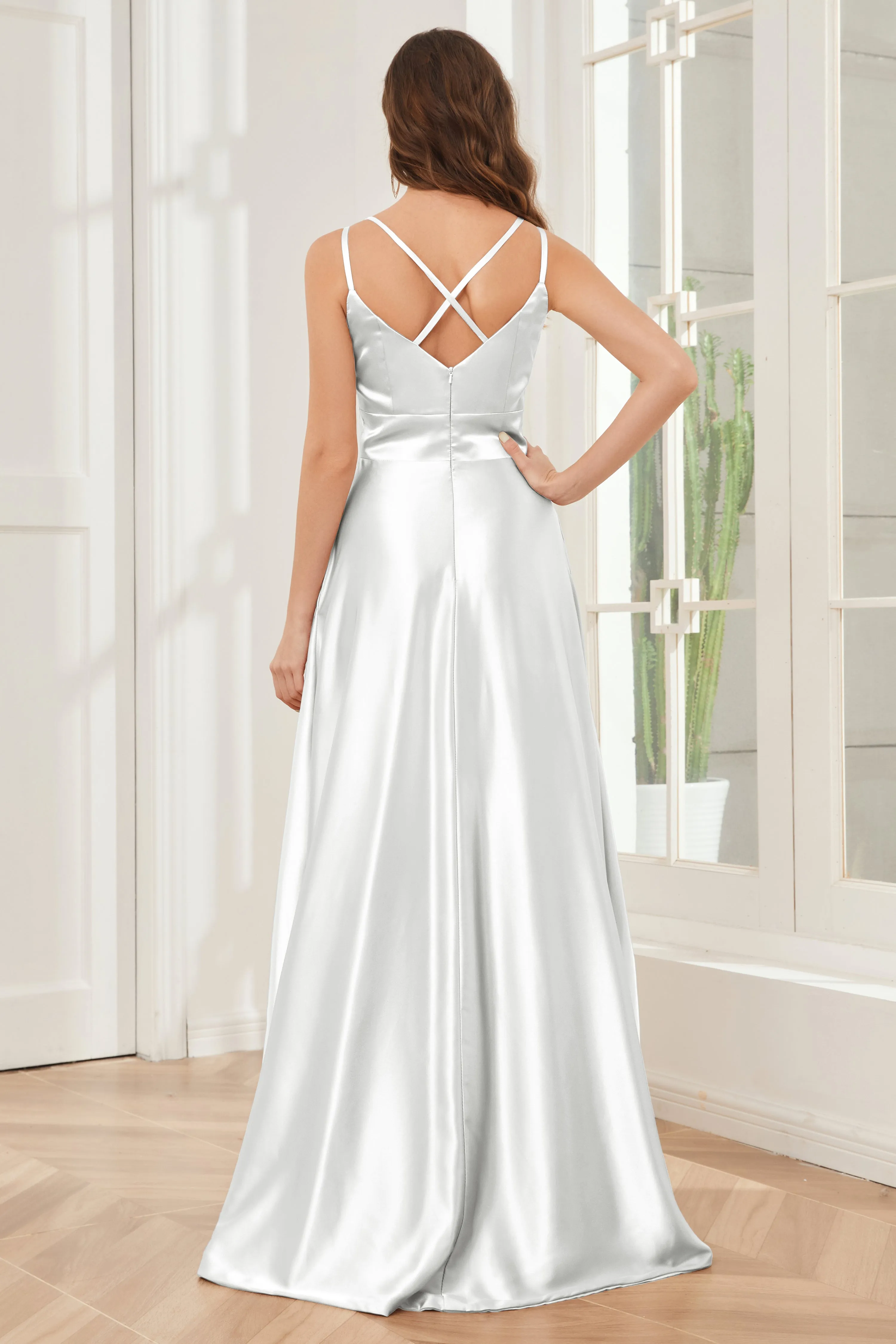 Spaghetti Straps V-neck Soft Satin Bridesmaid Dress