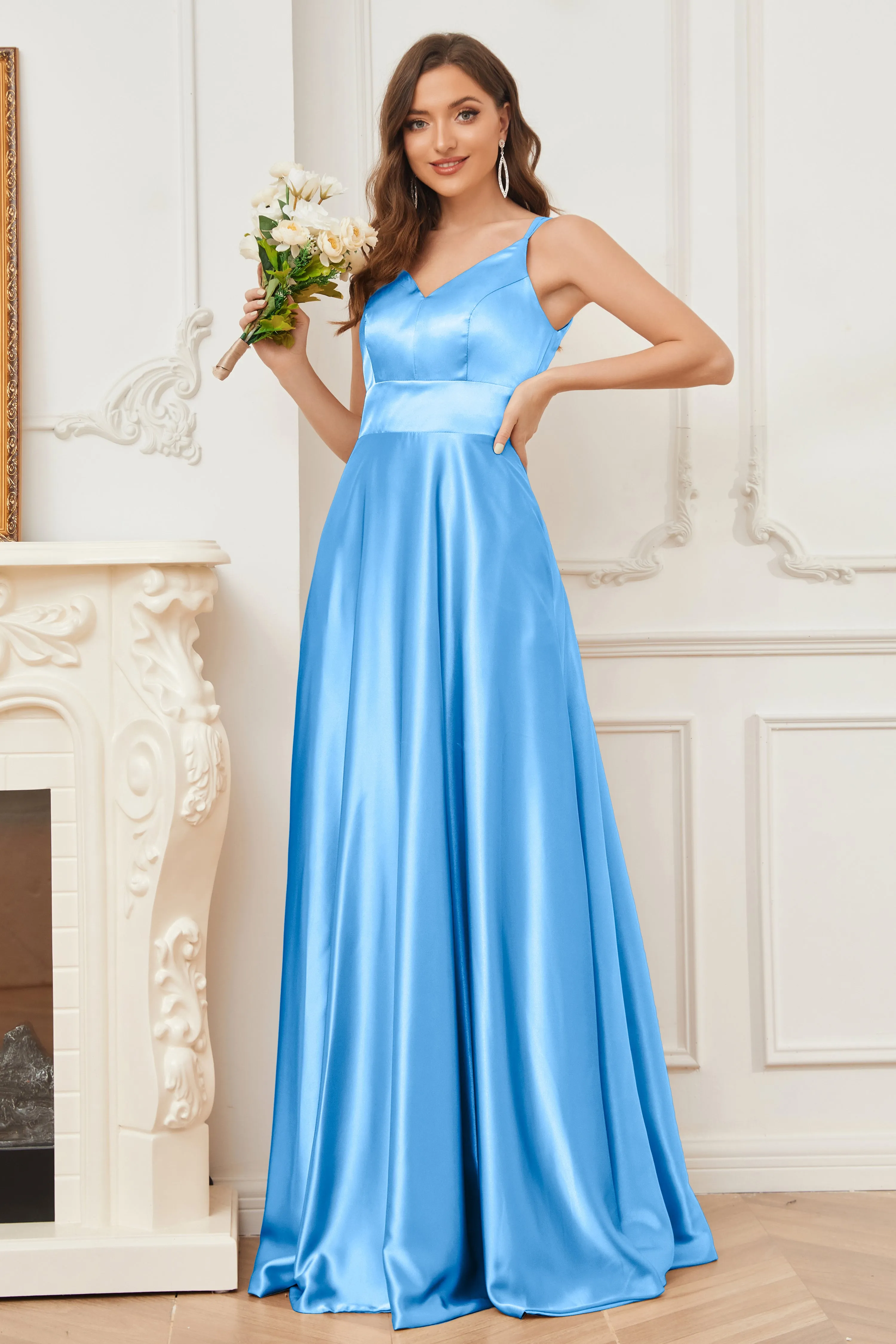 Spaghetti Straps V-neck Soft Satin Bridesmaid Dress