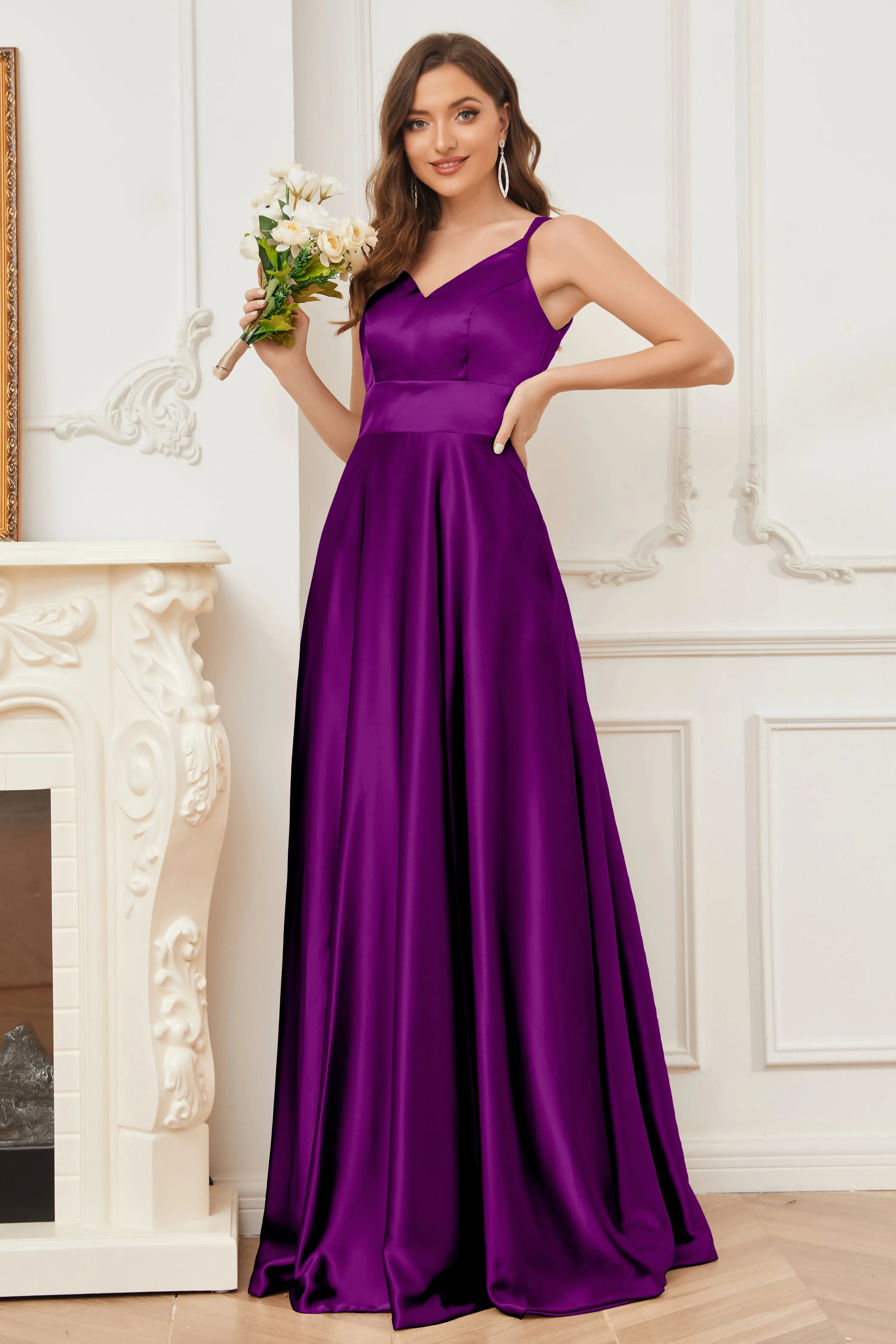 Spaghetti Straps V-neck Soft Satin Bridesmaid Dress