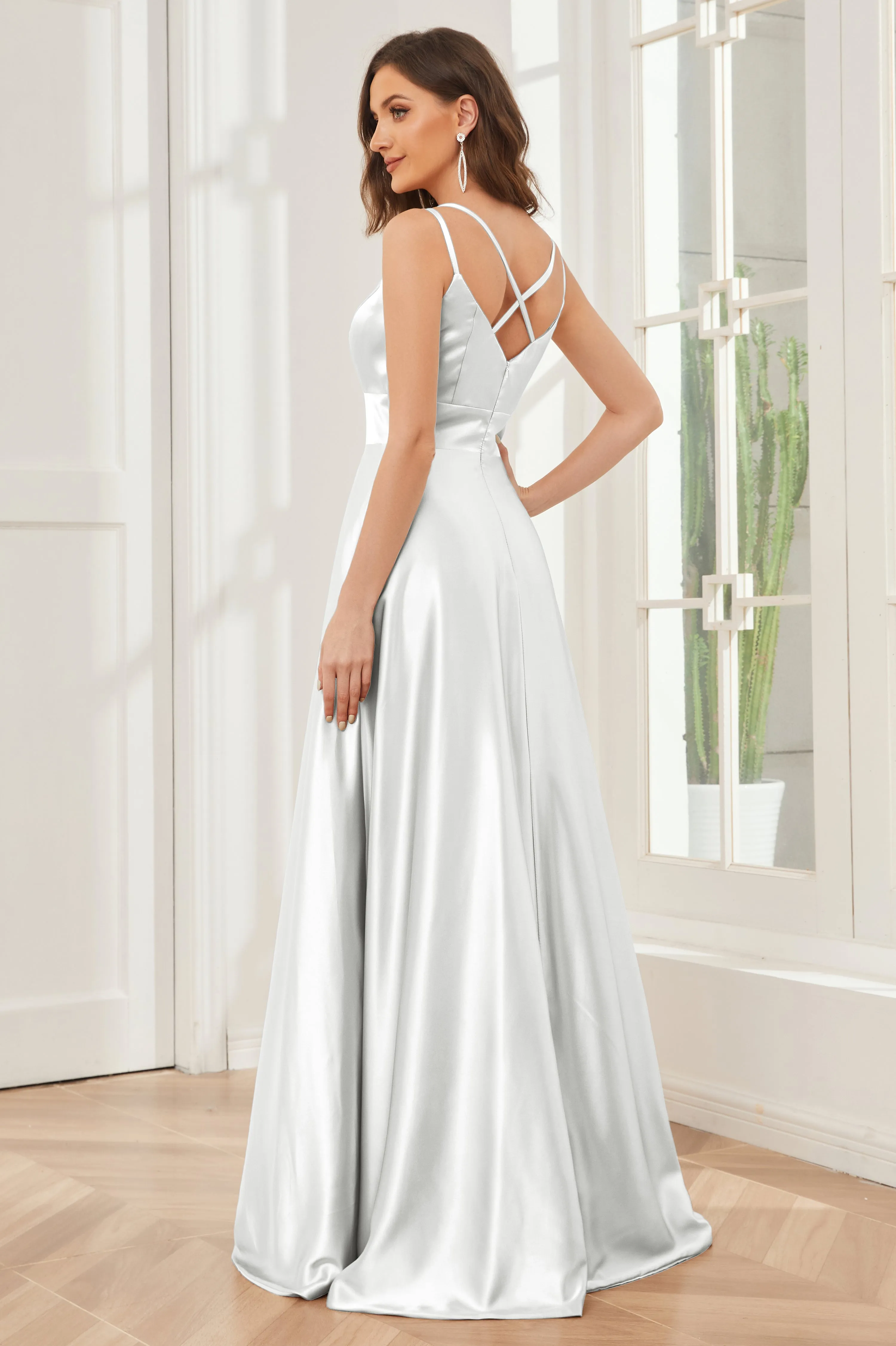 Spaghetti Straps V-neck Soft Satin Bridesmaid Dress
