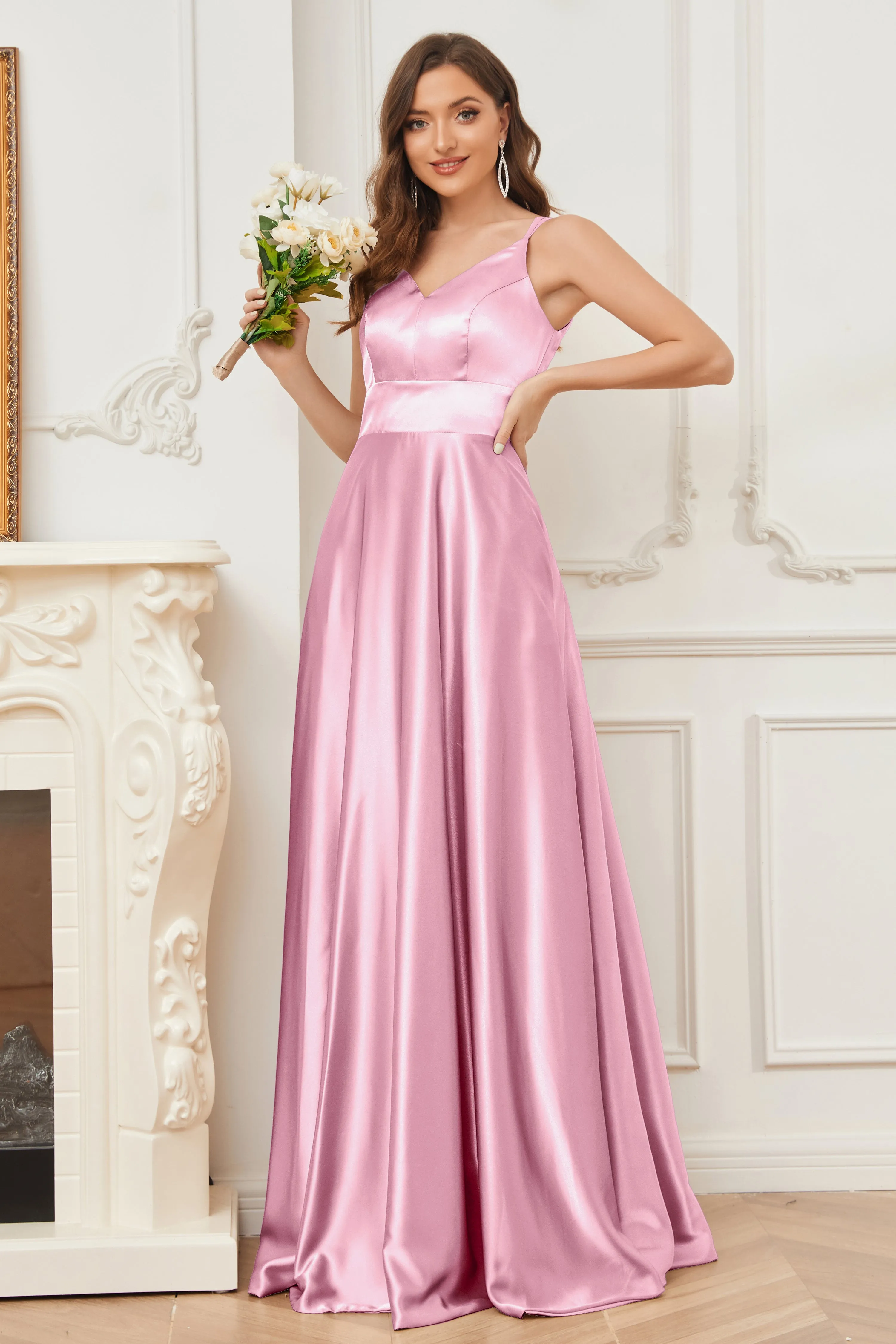 Spaghetti Straps V-neck Soft Satin Bridesmaid Dress