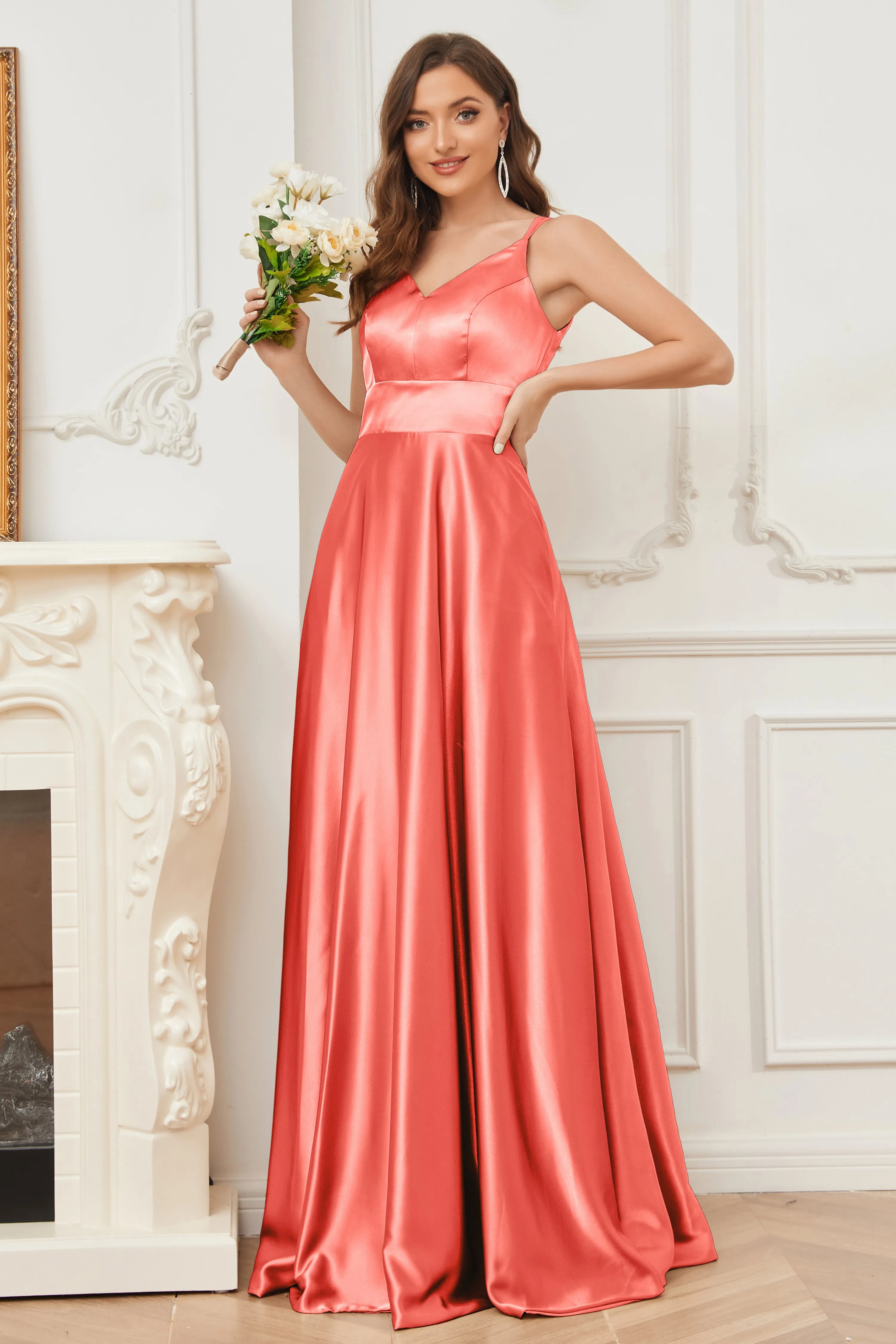 Spaghetti Straps V-neck Soft Satin Bridesmaid Dress